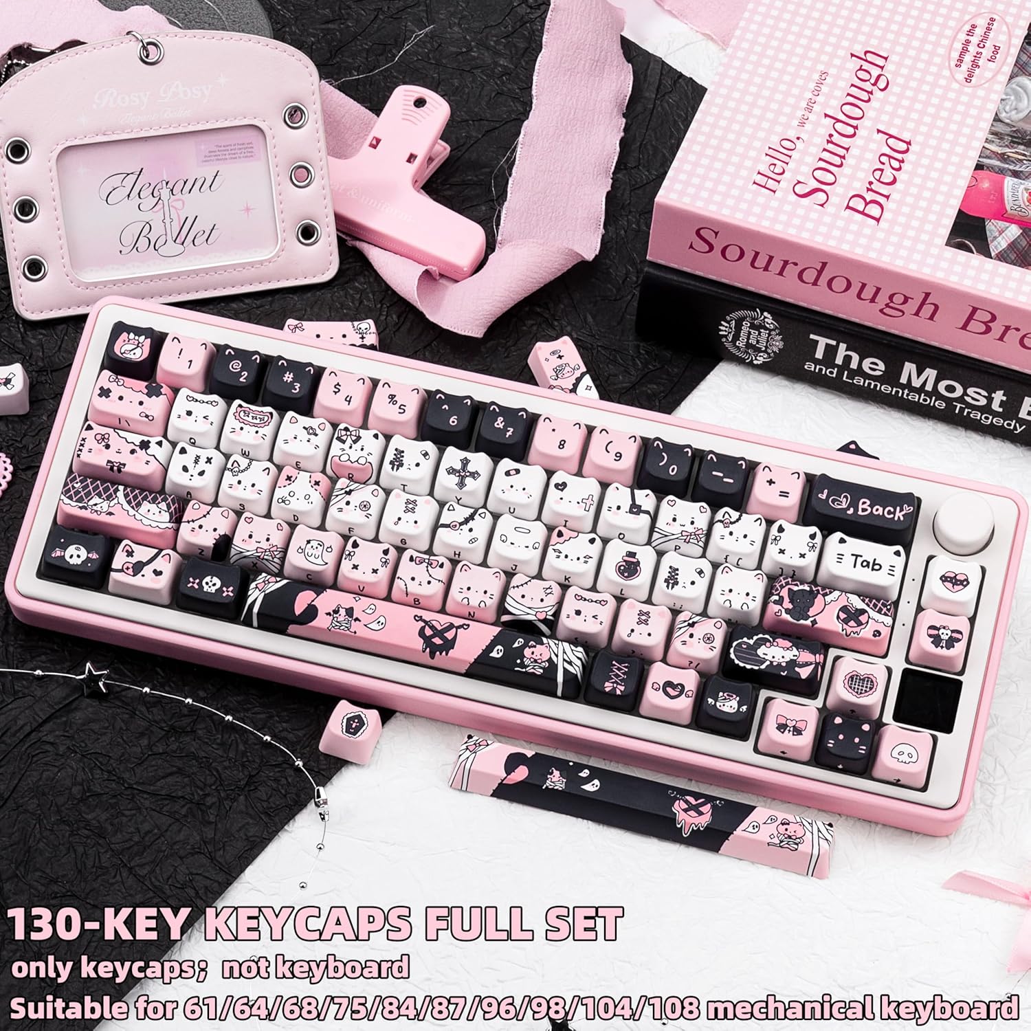 Cute Cat Keycaps, Mao Profile Pink and Black PBT Keycaps, 130 Keys Meow Meow Keyboard Keycap Sets Compatible with 65% 75% 96% 100% Cherry Gateron MX Switches Mechanical Gaming Keyboard