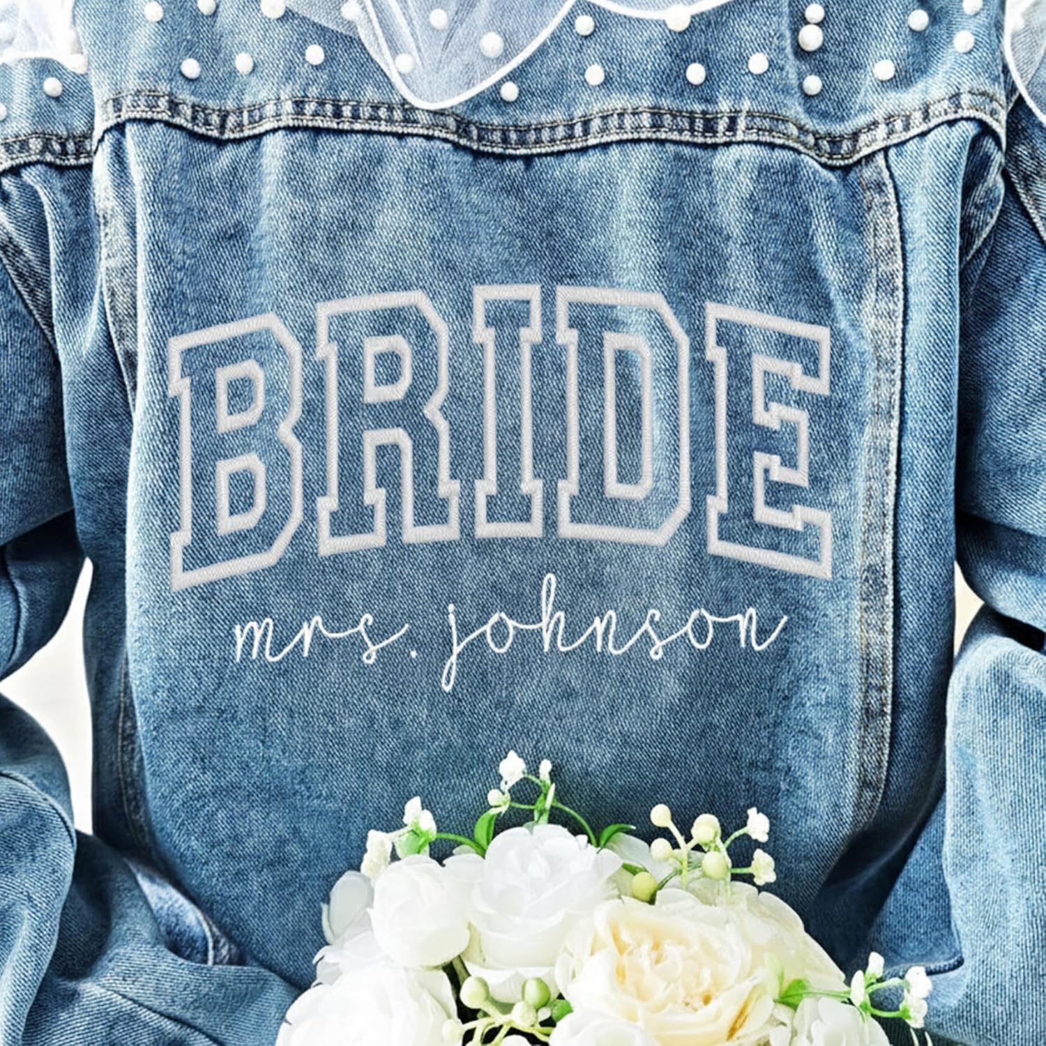 Personalized Embroidered Bride Denim Jacket, Future Mrs Jean Jacket With Pearls, Wedding gifts for Bride - Image 4