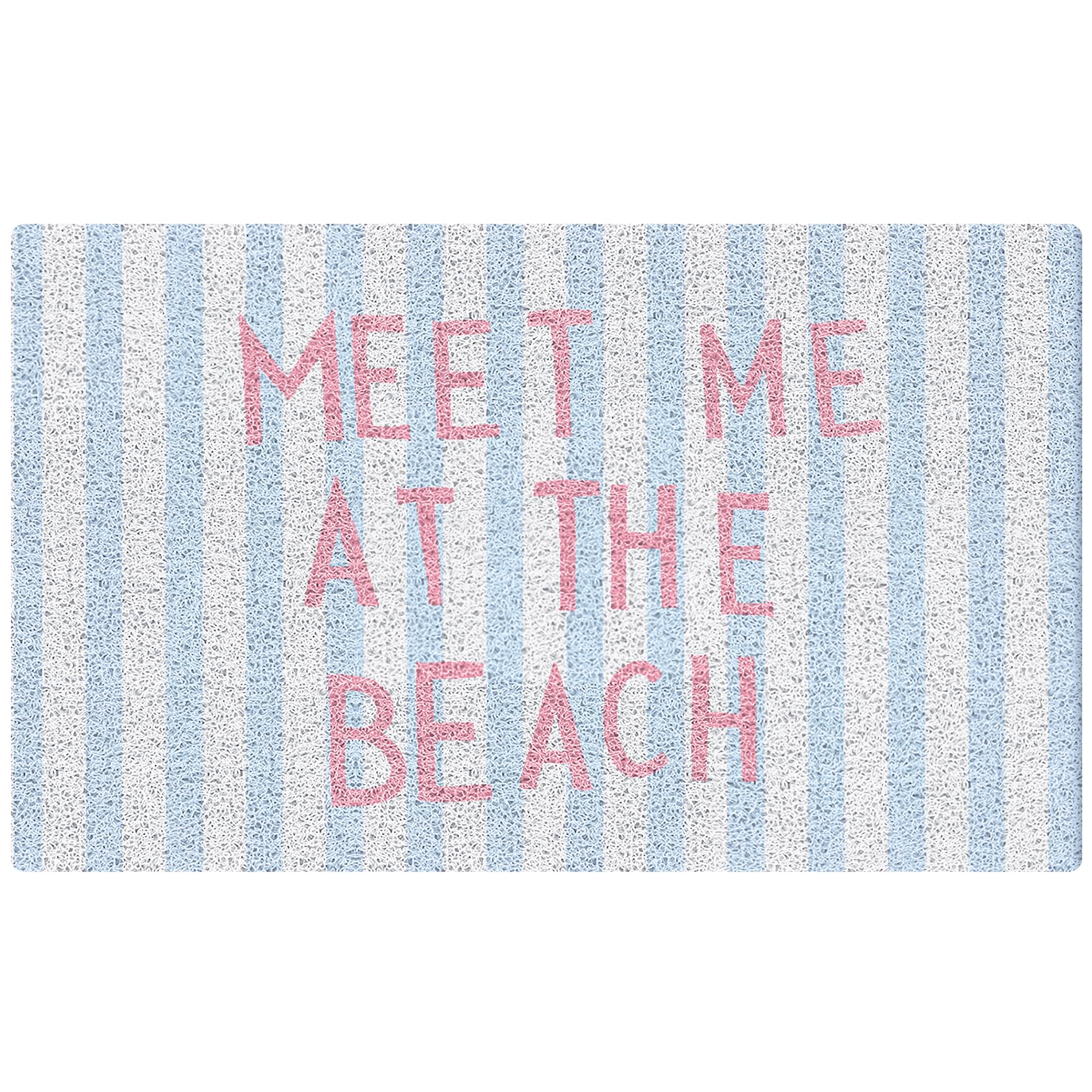 SNNDER Coastal Preppy Beach Door Mat, Meet Me at The Beach Doormat for Front Door Porch Outdoor Outside Entrance, Blue Striped Beachy Welcome Mats