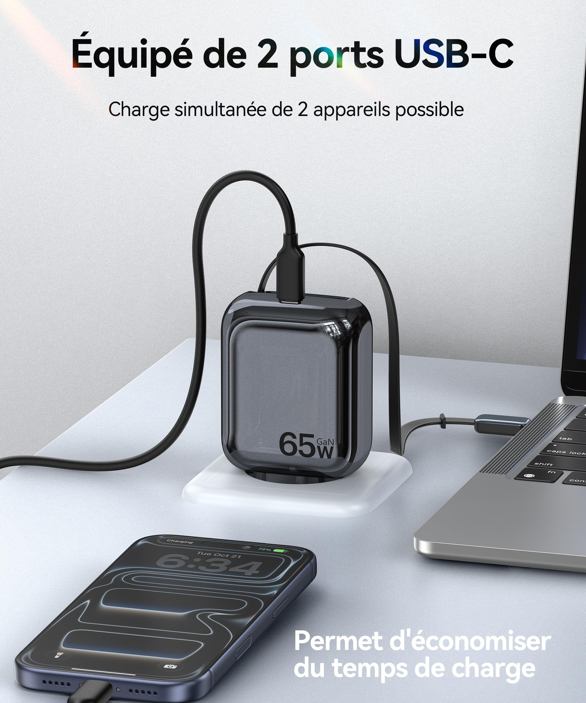 TOPADRE Chargeur USB C 65W, Prise USB C Rapide avec 100CM câble Rétractable