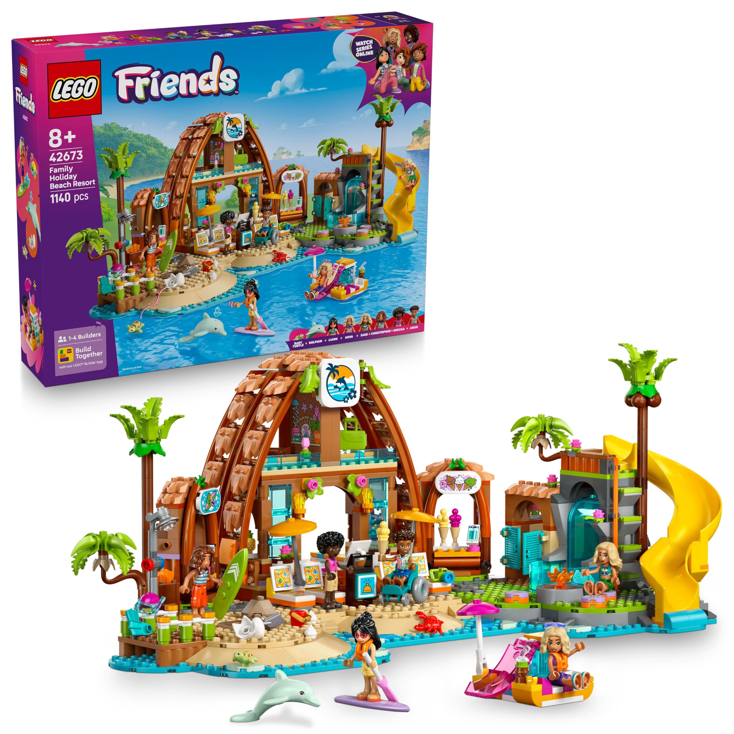 LEGO Friends Vacanza al Beach Resort - Gioco con 6 Mini Bamboline, Animali Giocattolo come Tartaruga e Delfino, Chiosco dei Gelati e Accessori - Regalo di Compleanno per Bambine da 8 Anni - 42673