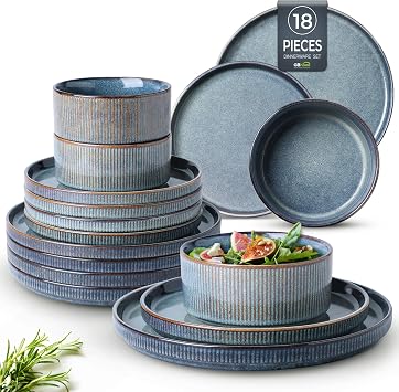 GBhome Stoneware Dinner Sets for 6 People, 18 Pieces Reactive Glaze Handcrafted Plates and Bowls Set, Scratch Resistant Dinnerware Set, Dishwasher & Microwave Safe Crockery Set, Blue