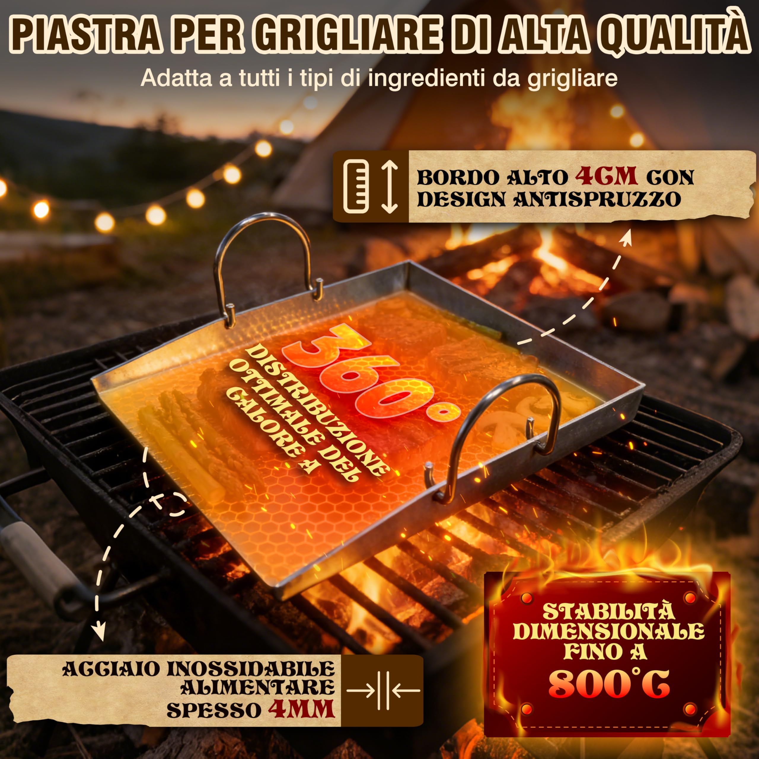 JONRRYIN Piastra Acciaio Inox Barbecue 40 x 30 cm, Plancha in Acciaio Inox per Barbecue Gas con 2 Spatole e Manico Rimovibile per BBQ a Gas e BBQ a Carbone (Tre spigoli)