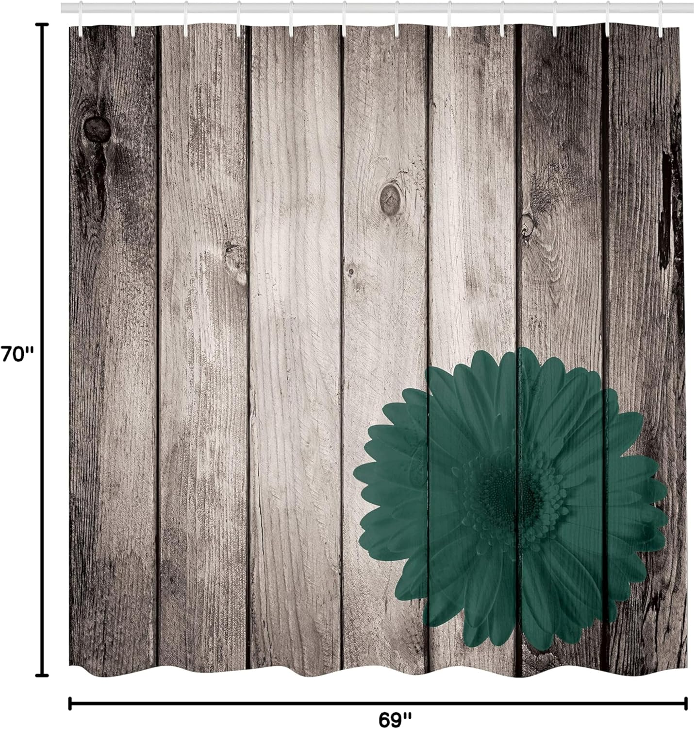 Ambesonne Rustic Shower Curtain, Flower Red Dahlia on Foreground of Murky Featured Dated Wooden Board Retro Art Print, Cloth Fabric Bathroom Decor Set with Hooks, 69" W x 70" L, Jade Green