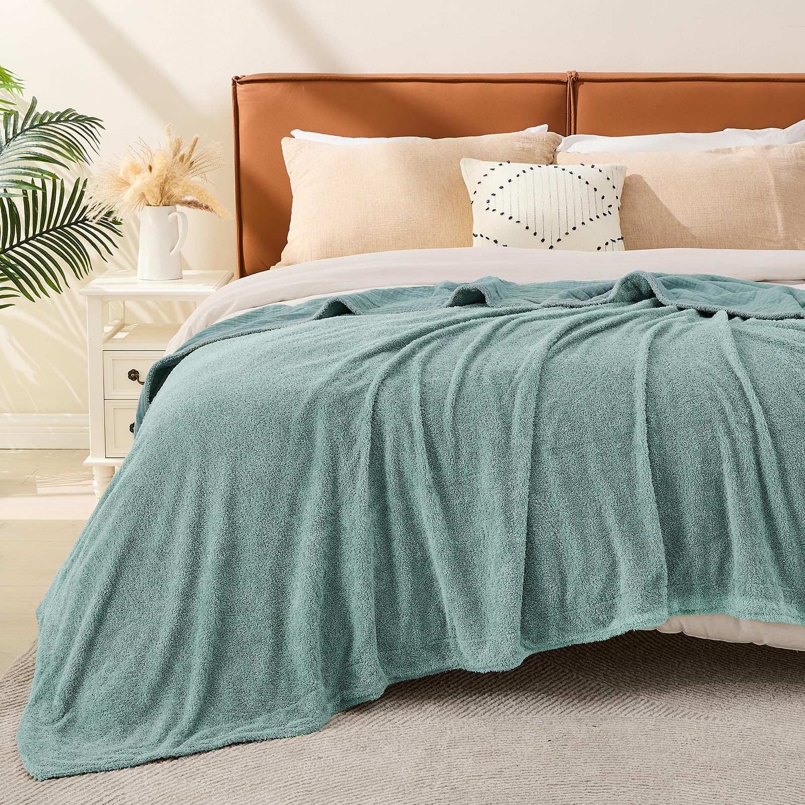 EMME Muslin and Fleece Queen Blanket Reversible - 80"*90" Teal Soft Warm Throw Blankets for Couch Bed Picnic Travel Bed