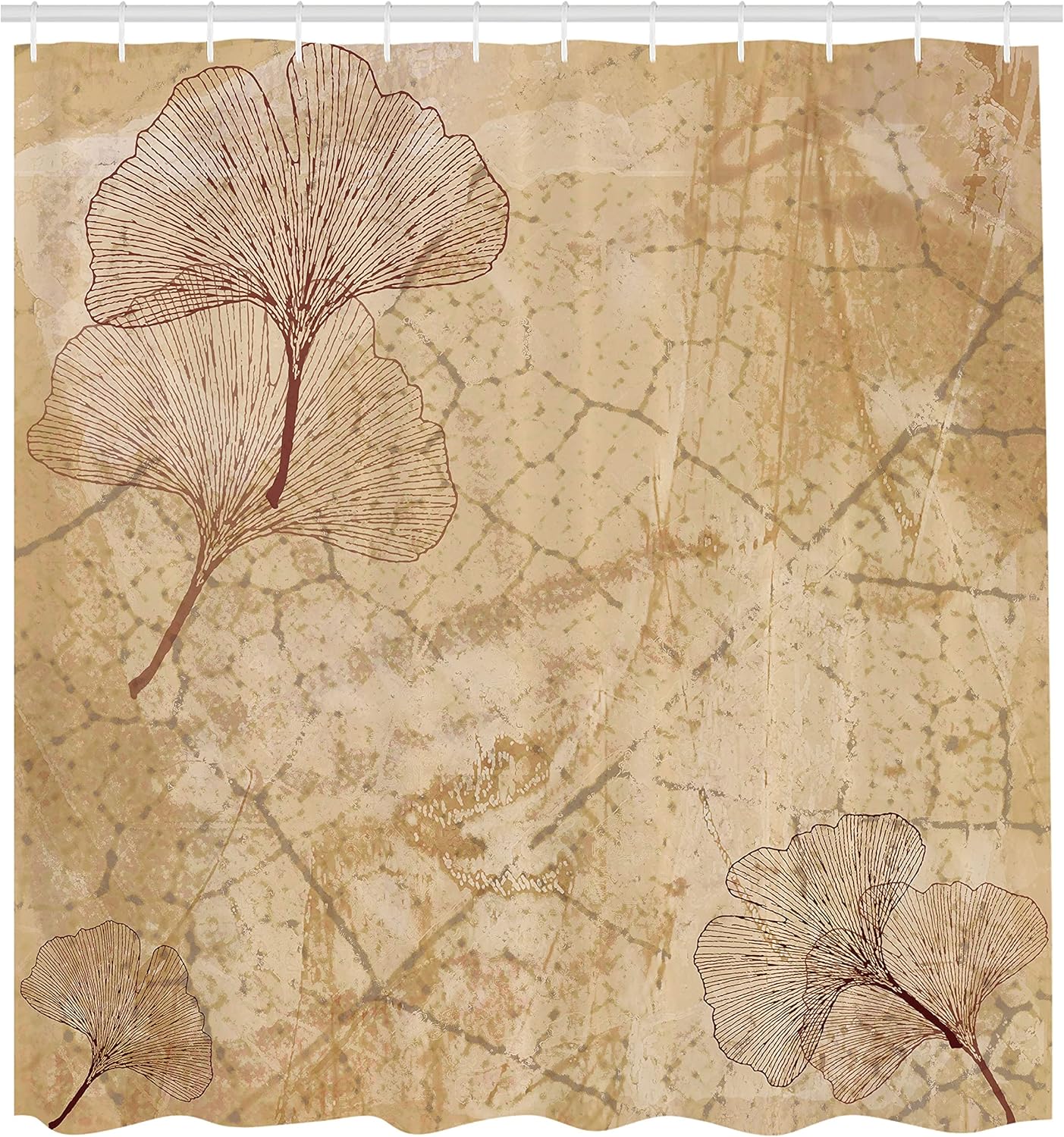 Ambesonne Beige Shower Curtain, Small Large Ginkgo Leaves Pattern Dramatic Dated Fossil Maidenhair Tree Nature Art, Cloth Fabric Bathroom Decor Set with Hooks, 69" W x 70" L, Beige Brown