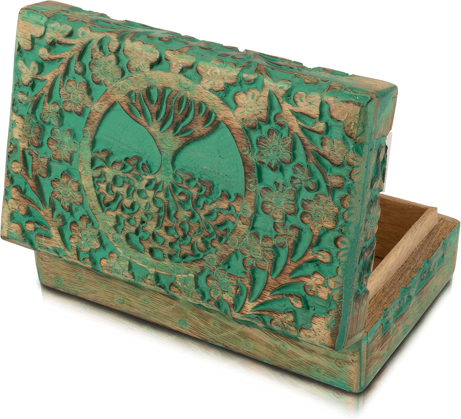 Great Birthday and Housewarming Gift - Handmade Decorative Wooden Jewelry Box With Tree of Life Carving - Organizer, Keepsake, Treasure Chest, Trinket Holder, Watch Storage With Lock (Green)