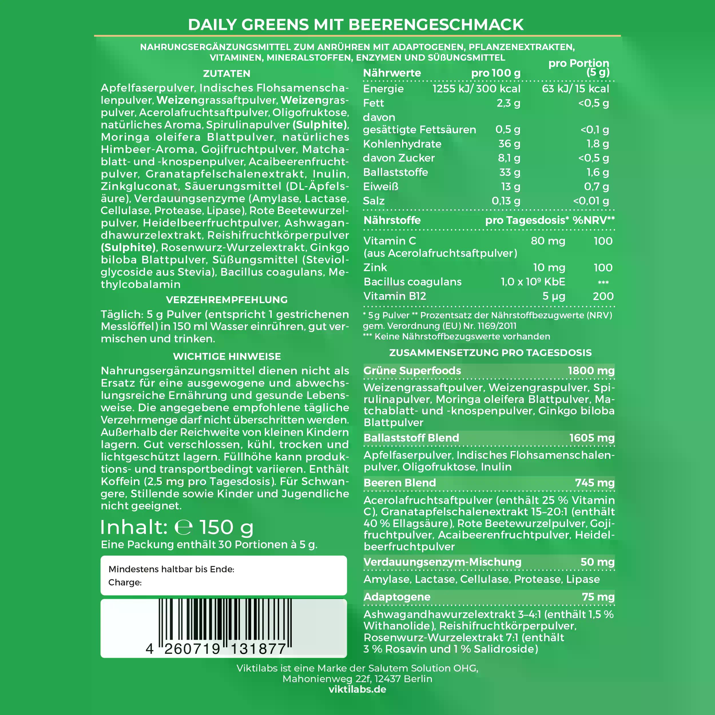Daily Greens Beere - 25+ Wirkstoffe mit Vitamin C, Zink & B12 | 150 g Pulver für 30 Portionen - Greens, Beeren-Blend, Ballaststoffe, Adaptogene, Probiotika & Enzyme