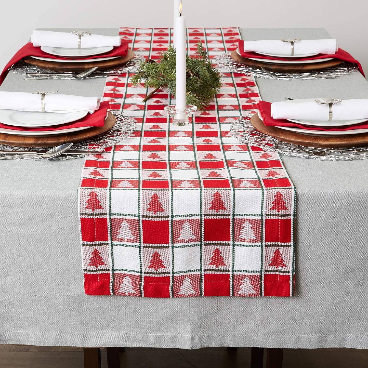 Crazy Deals DII Red & White Check with Christmas Tree 100% Cotton Table Runner, Machine Washable for Holiday Gatherings, Dinner Parties, & Christmas (14x72) Black Friday - 80% OFF DII Red & White Check with Christmas Tree 100% Cotton Table Runner, Machine Washable for Holiday Gatherings, Dinner Parties, & Christmas (14x72)