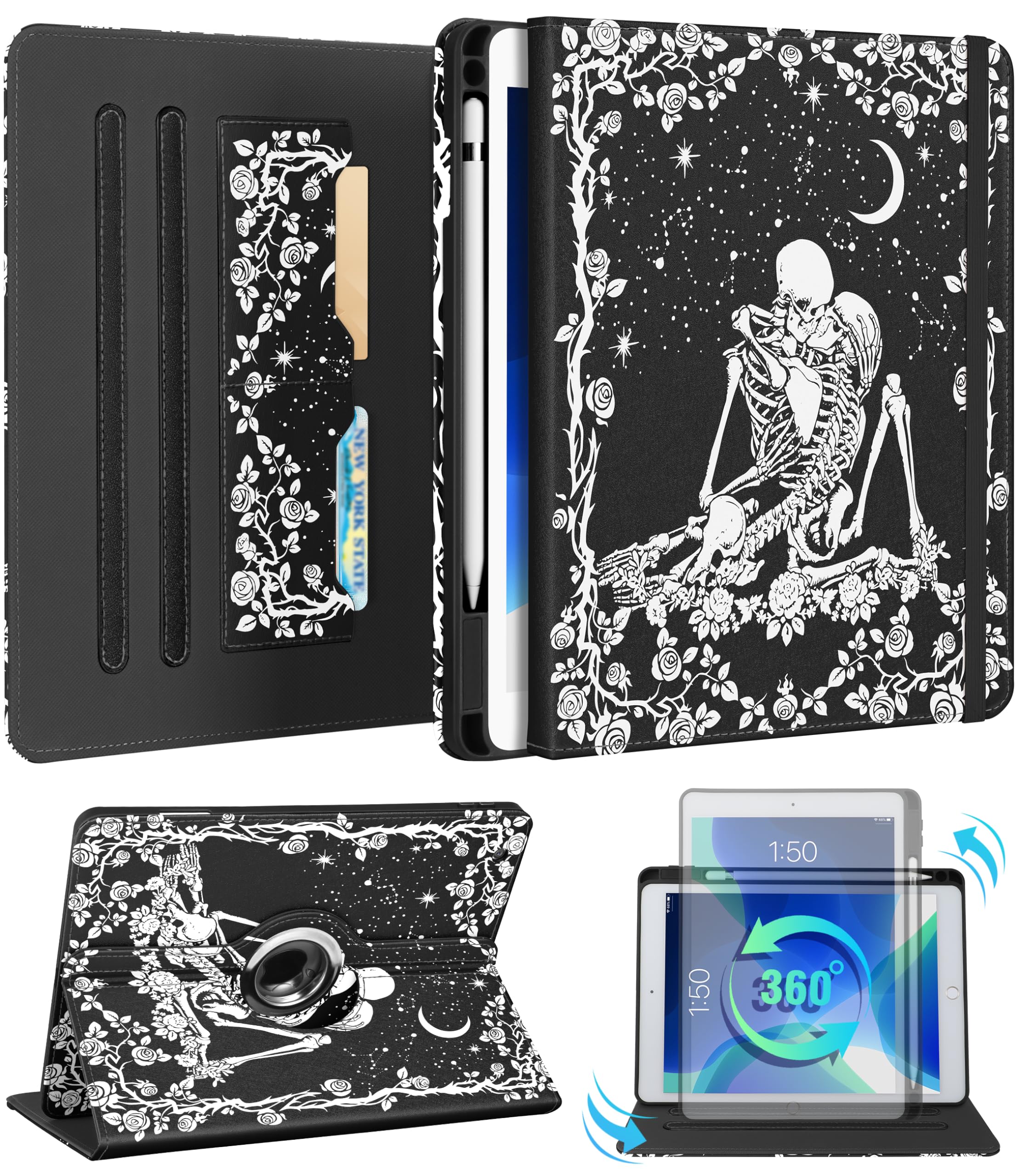 Kidcube for iPad 9th/8th/7th Generation Case 10.2 Inch - for Women Girls Cute Rotating Stand Folio Cover with Pencil Holder & Card Slot Goth Skull