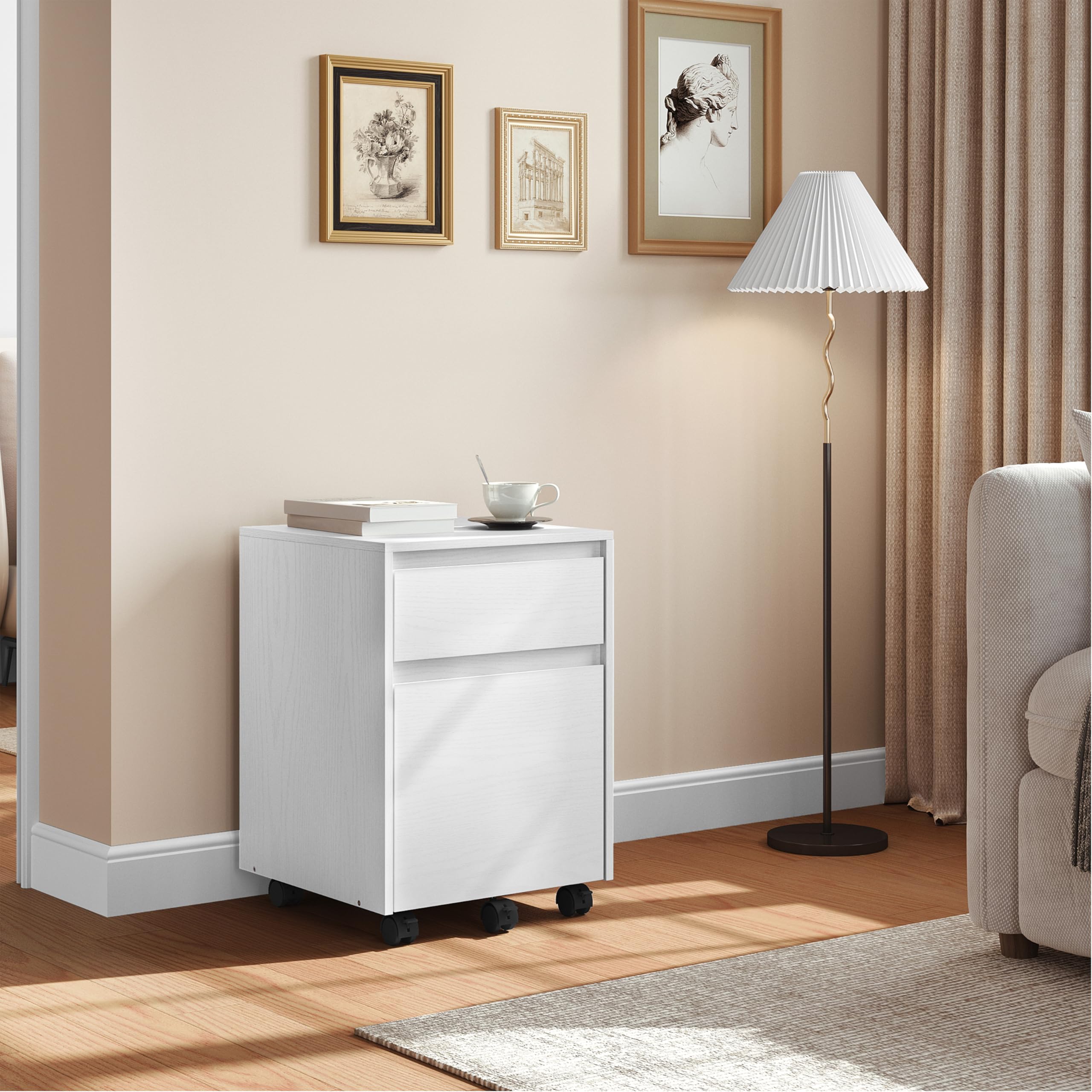 WOLTU Caisson de Bureau avec 2 Tiroirs, Armoire à Dossiers sur roulettes, Meuble de Rangement pour Documents A4, en Bois d'ingénieur PB, Blanc, 40x40x56cm,ASK11ws