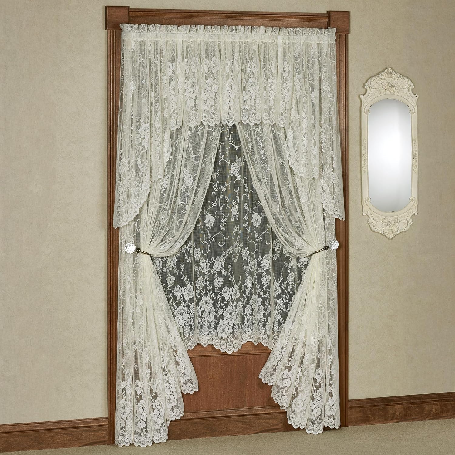 Luxury Sheer Polyester Enchanting Roses Lace Window Treatment | 3 Piece Set: Scallop Valance, 38L Swag Pair, and 63L Panel | Classic | Antique White | Rod Pocket | Machine washable | Light Filtering