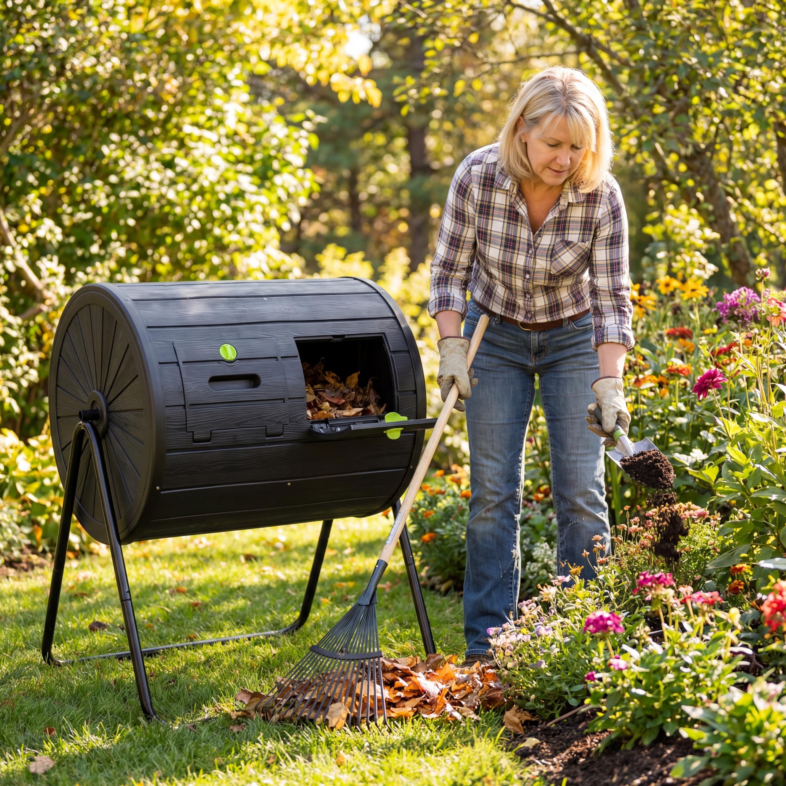GYMAX Compostador Giratorio de Jardín 142 L, Contenedor de Compostaje de Doble Cámara Compostadora con Puertas Bloqueables, Soporte Metálico para Desechos de Jardín Cocina Patio (Negro)