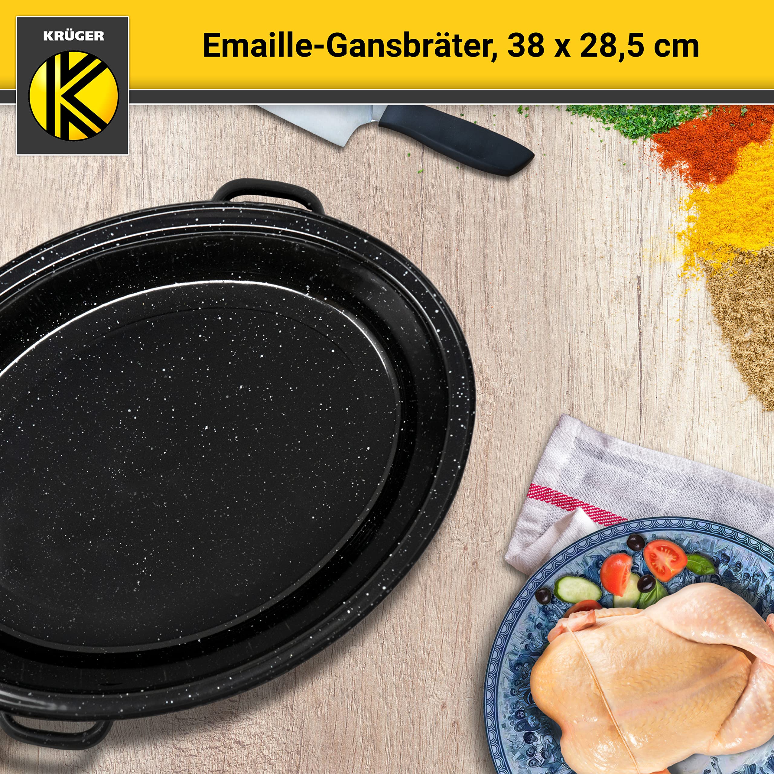 Krüger Emaliowana patelnia do pieczenia gęsi, z pokrywką, wysokiej jakości naczynie do pieczenia, nadaje się do wszystkich rodzajów kuchenek, doskonała do smażenia i drobiu (czarno-białe cętkowane, 38 x 28,5 cm)