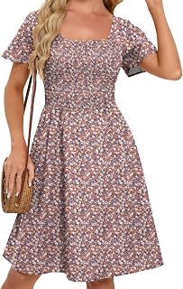 Women's Casual Smocked Summer Dresses Floral Square Neck Boho Midi Sundress | Beach Vacation Knee Length A-Line Dress，Flowy Short Sleeve Sun Dresses with Pockets,Everyday Outfits&Wedding Party
