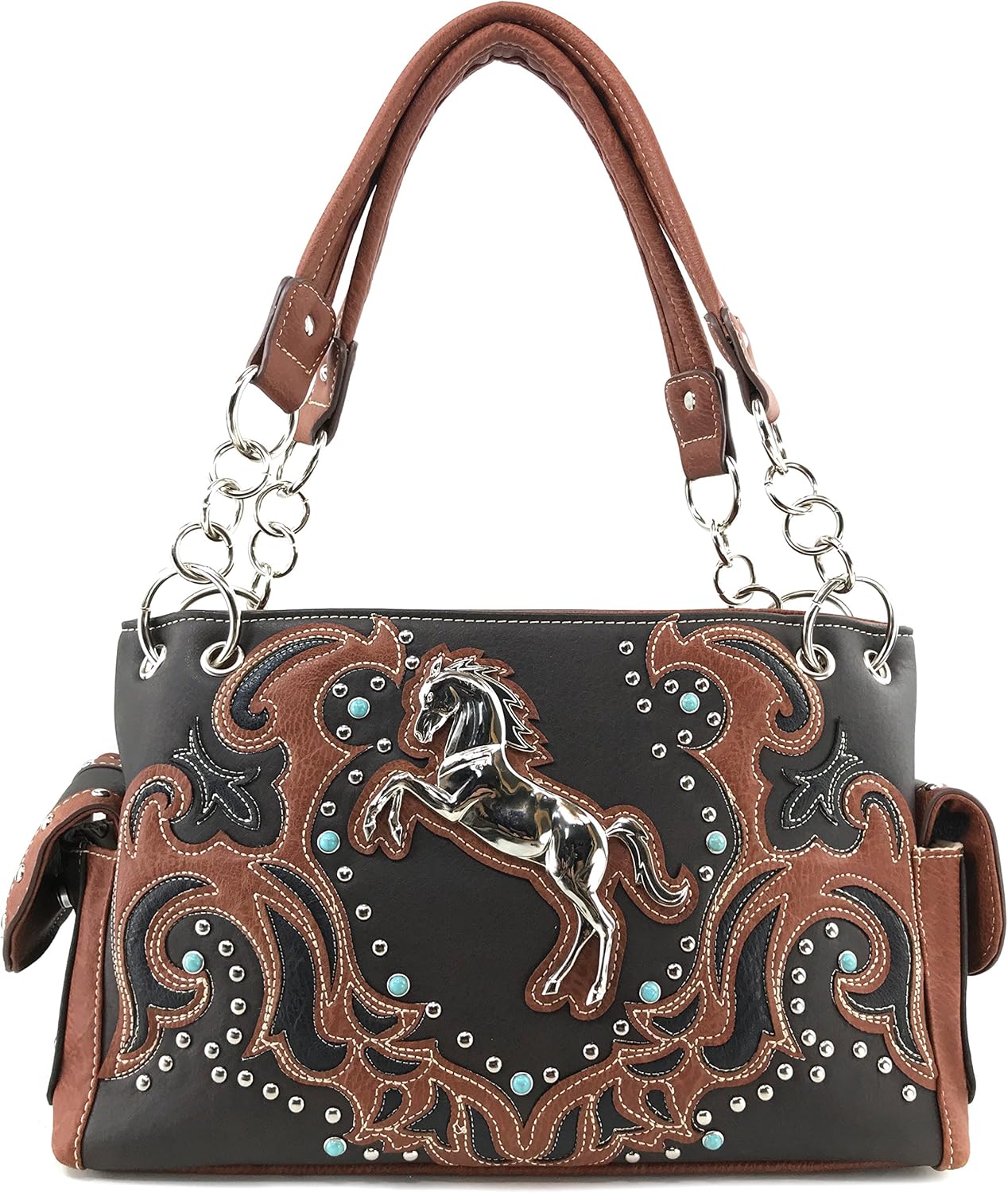 Justin West Horse Embroidery Studded Turquoise Stone Concealed Carry Handbag Purse Matching Wallet