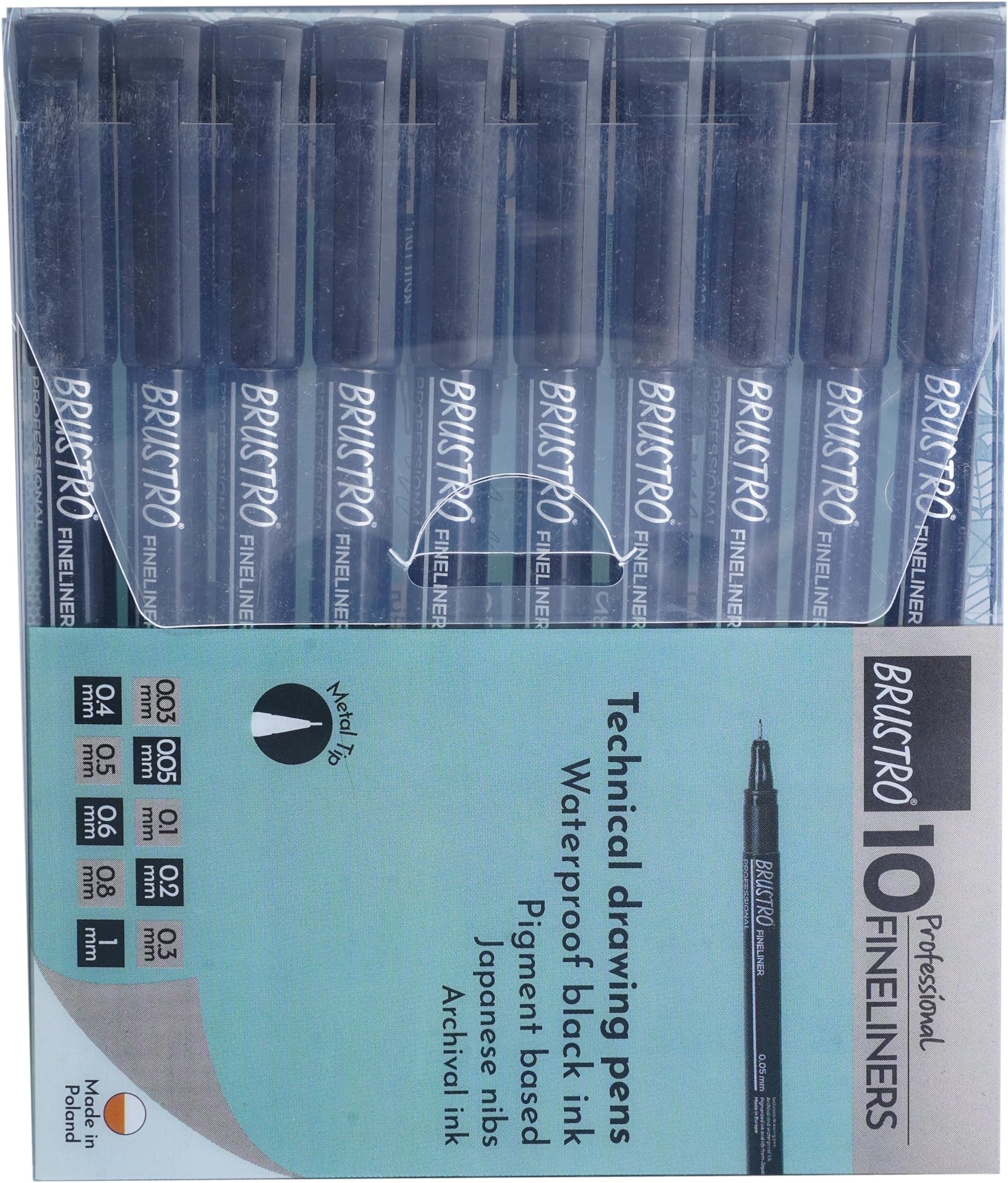 BRUSTRO Professional Pigment Based Fineliner Pen | Black | Set of 10 - Tip Sizes - 0.03, 0.05, 0.1, 0.2, 0.3, 0.4, 0.5, 0.6, 0.8, 1 mm, Ideal for Mandala, Drawing,Artist Illustration,Sketching
