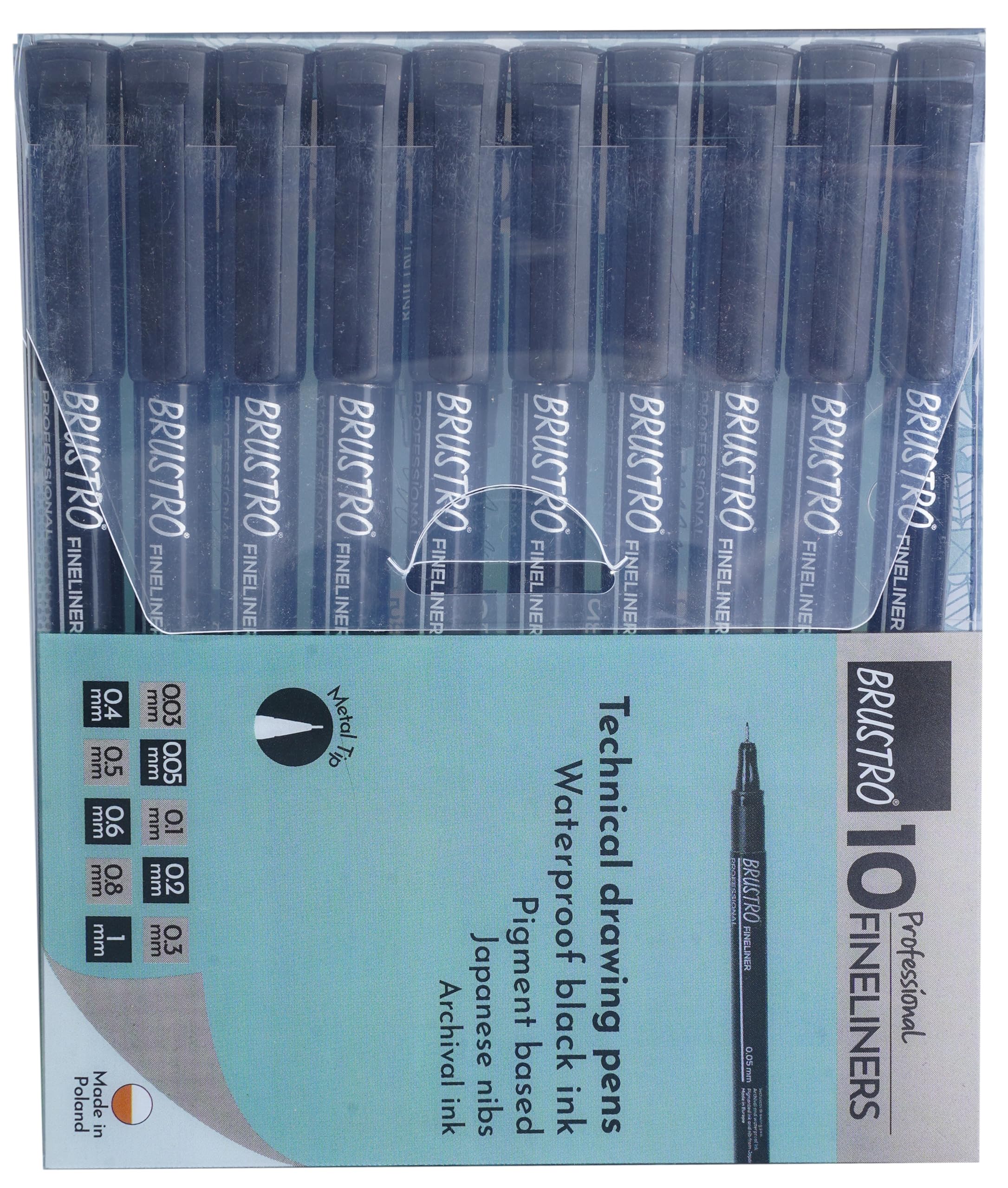 BRUSTRO Professional Pigment Based Fineliner Pen | Black | Set of 10 - Tip Sizes - 0.03, 0.05, 0.1, 0.2, 0.3, 0.4, 0.5, 0.6, 0.8, 1 mm, Ideal for Mandala, Drawing,Artist Illustration,Sketching