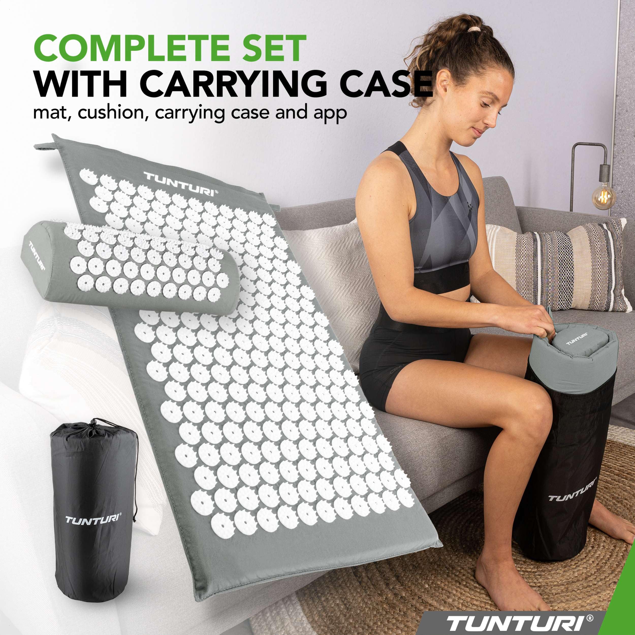 Tunturi Tappetino per agopressione con cuscino, tappetino per agopuntura, per schiena, collo, piedi, tutto il corpo, 2 in 1, tappetino per agopressione, anti-stress, 68 x 42 x 2 cm, grigio
