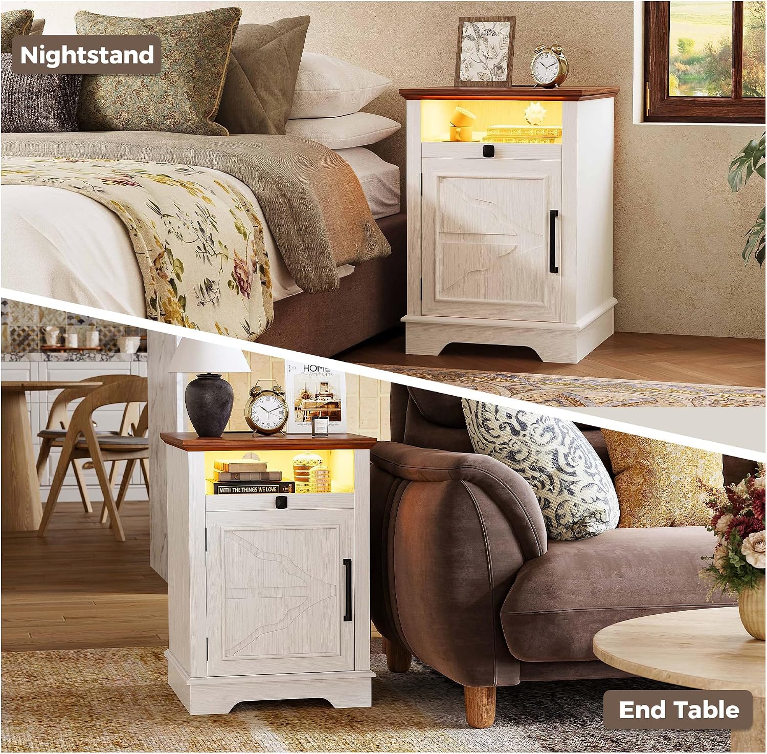 IRONCK Farmhouse Nightstand with Charging Station & 2 USB Ports, App Controlled LED End Table, 19" Rustic Side Table with Storage for Bedroom, White