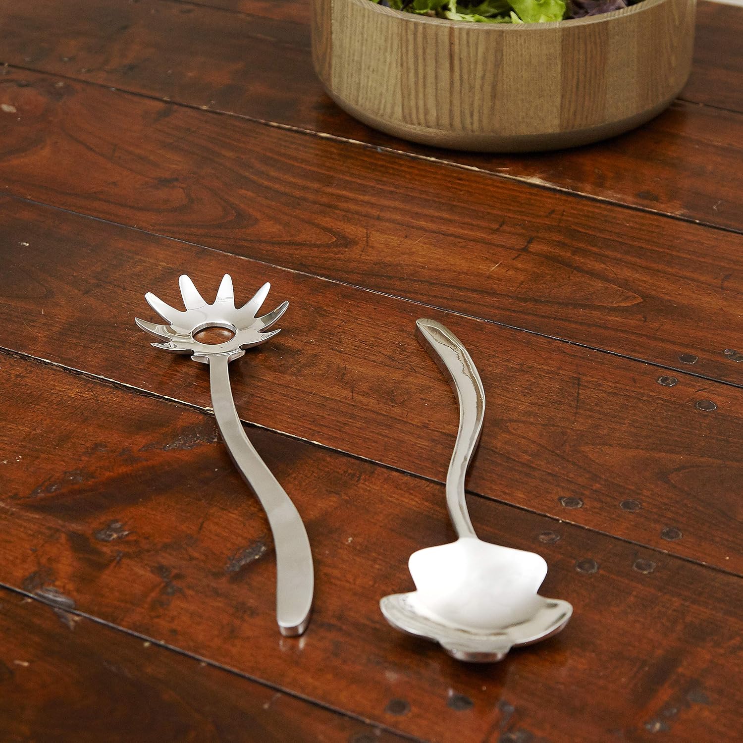 Better Houseware 2 Silver Salad Servers with Flower Design, Sleek and Modern Shape, 12" Length - Easy-to-Clean Polished Aluminum Material, Server Spoon with Flower Shape, House Warming or Shower Gift