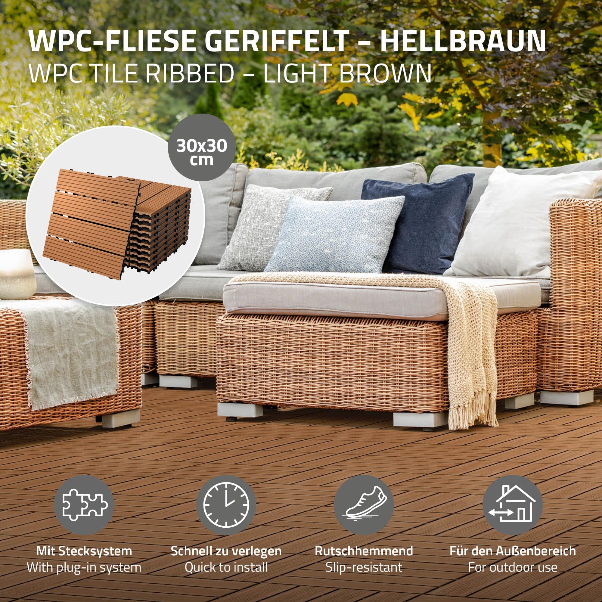 ECD Germany Piastrelle per Pavimenti da Esterno Piastrelle per Terrazze in WPC 30x30 cm Set di 22 pezzi per 2m ² Marrone Chiaro con Aspetto Legno Piastrelle da Giardino con Drenaggio e Sistema Plug-In