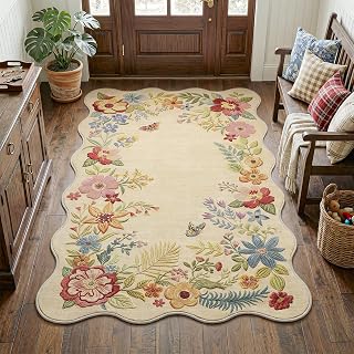 FMFUNCTEX 3x5 Washable Beige Floral Vintage Scalloped Area Rug for Entryway