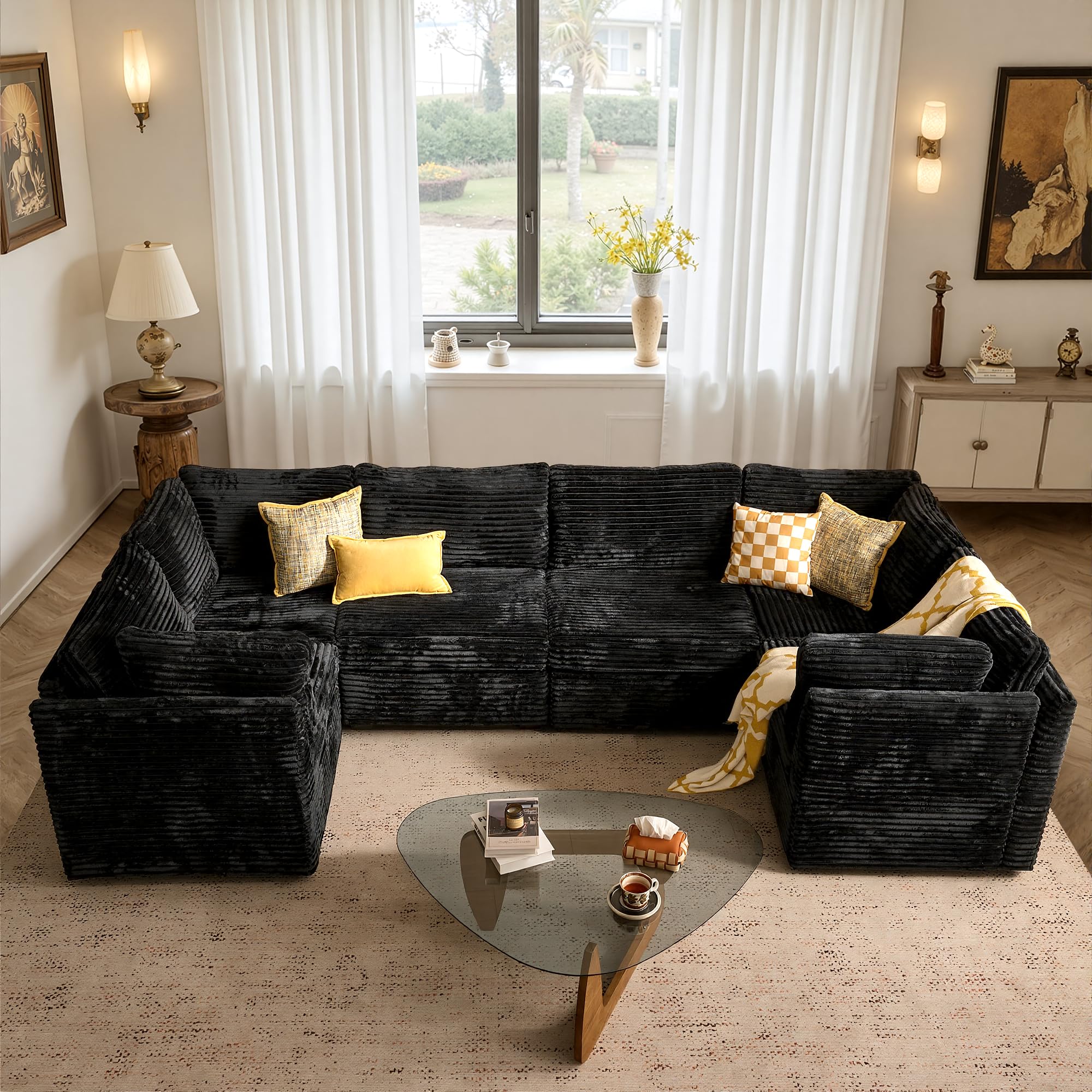 ovios Modular Sectional Sofa Couch with U-Shape Chaises Convertible, Comfy Plush Corduroy Cloud Couches, Modern Luxury Deep Seat Sofas Set for Living Room, 6-Seater, Black
