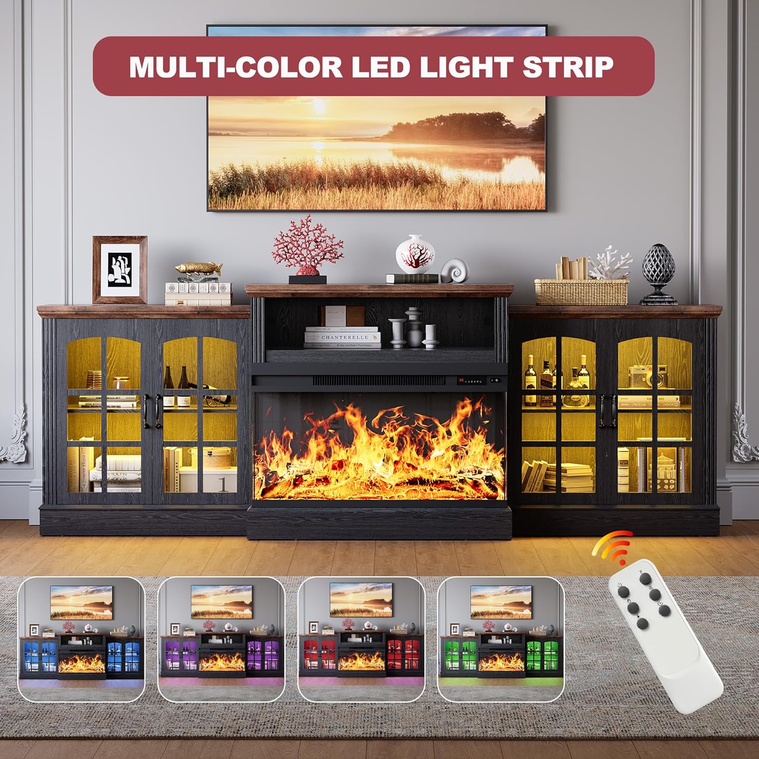 97" Fireplace TV Stand with 36" Electric Fireplace, Farmhouse Entertainment Center for TVs up to 100", Media Console Table with Large Storage Cabinets, for Living Room, Black