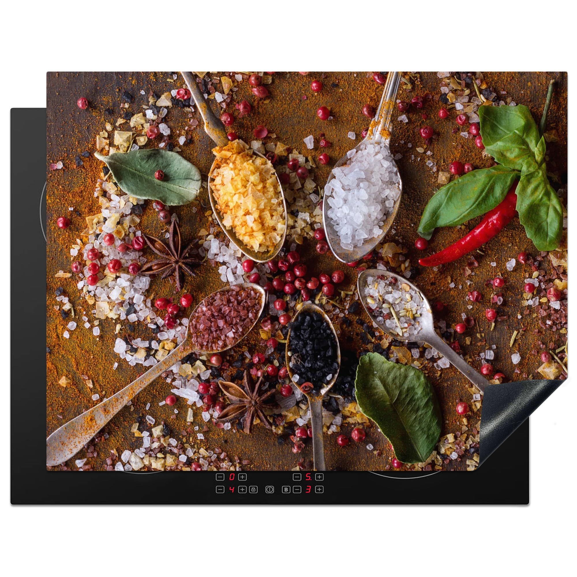 KitchenYeah© Induction Hob Cover Protector Mat 23.2"x30.3" / 77x59 cm Kitchen Universal Ceramic Covers for Electric Cookers Vinyl Spices - Herbs - Spoons - Salt - Brown - Kitchen