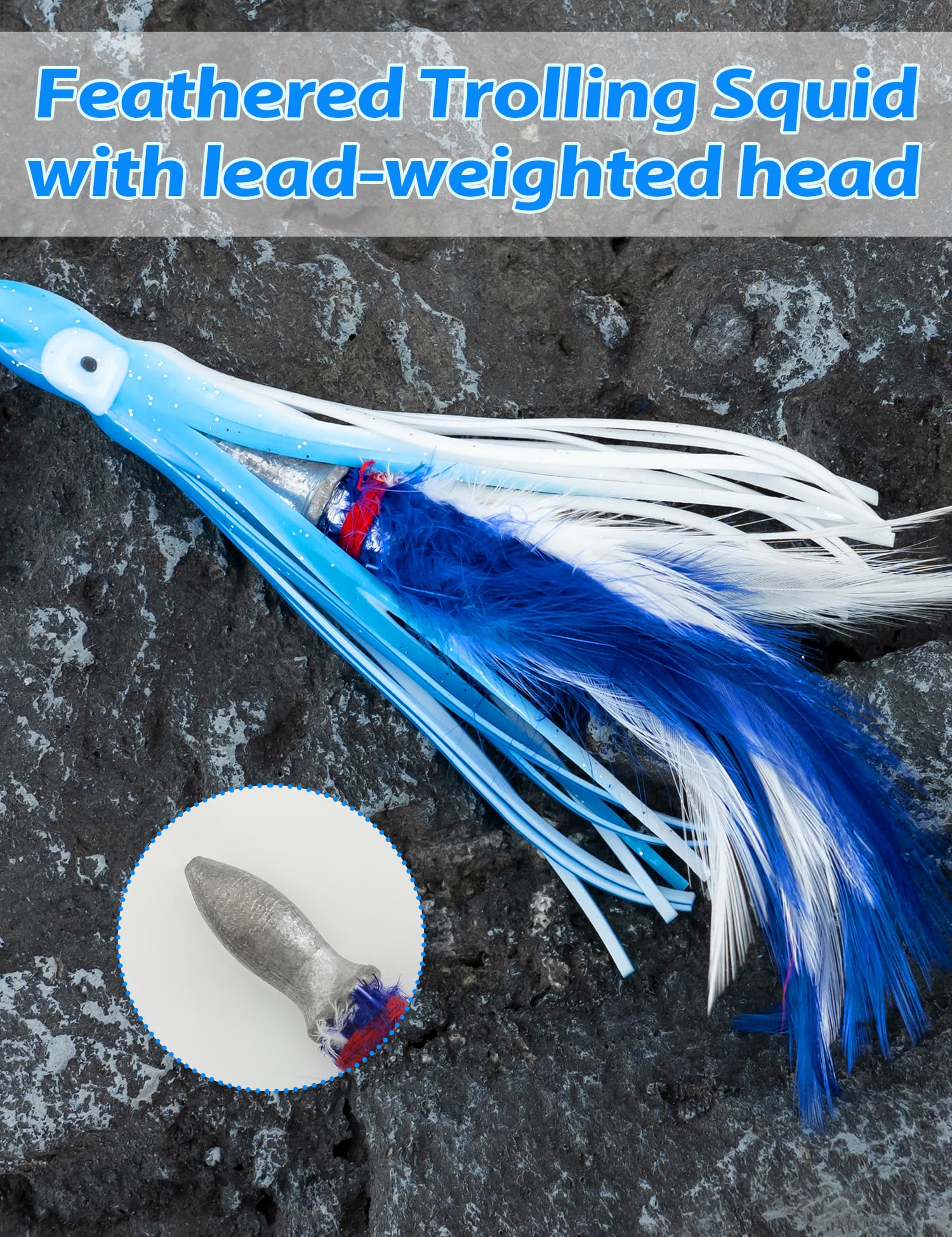 BLUEWING 5 Pack Tuna Feather Squid Lure Set Fishing Teaser with 6in Feathered Trolling Octopus and Stainless Steel Hook for Mahi Wahoo Marlin Big Game