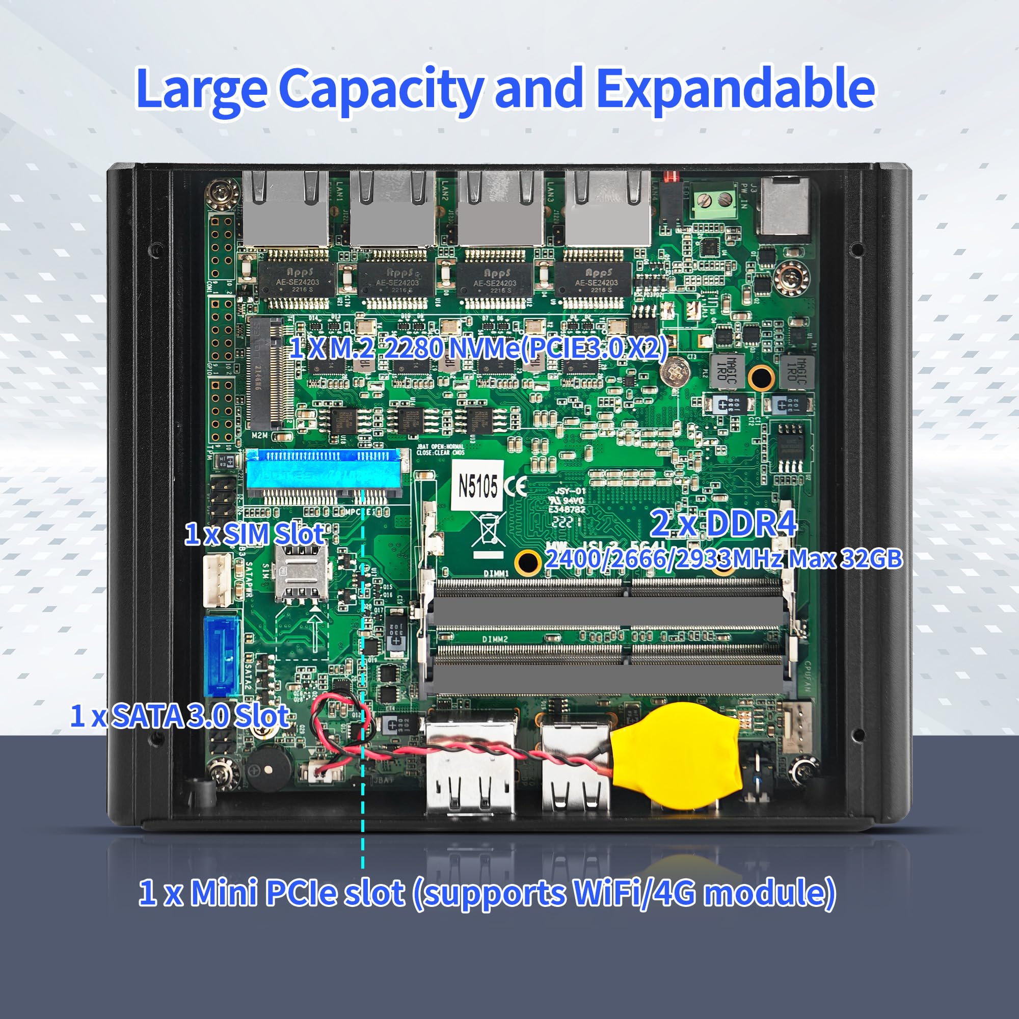 CWWK Mini PC Firewall, Celeron N5105, 4 x 2.5GbE LAN, Fanless Mini Computer, OPNsense Micro Appliance Hardware, Barebone NO RAM or SSD, M.2, 4USB, SATA, SIM, HD, DP, AES-NI