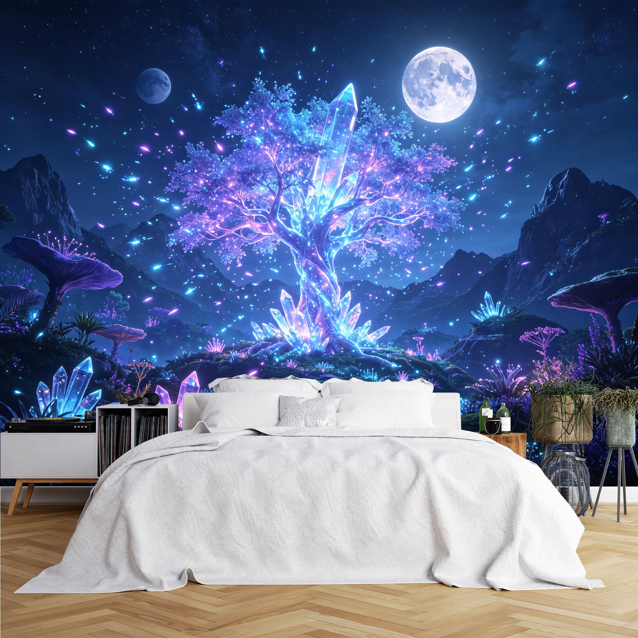 Lcythiazole Ch260615013 Custom Size Wall Murals Glowing Crystal Magic Tree Moon Mountain Wall Murals Hd Wallpaper Self-Adhesive Removable Wallpaper For Living Room Fantasy Game Room