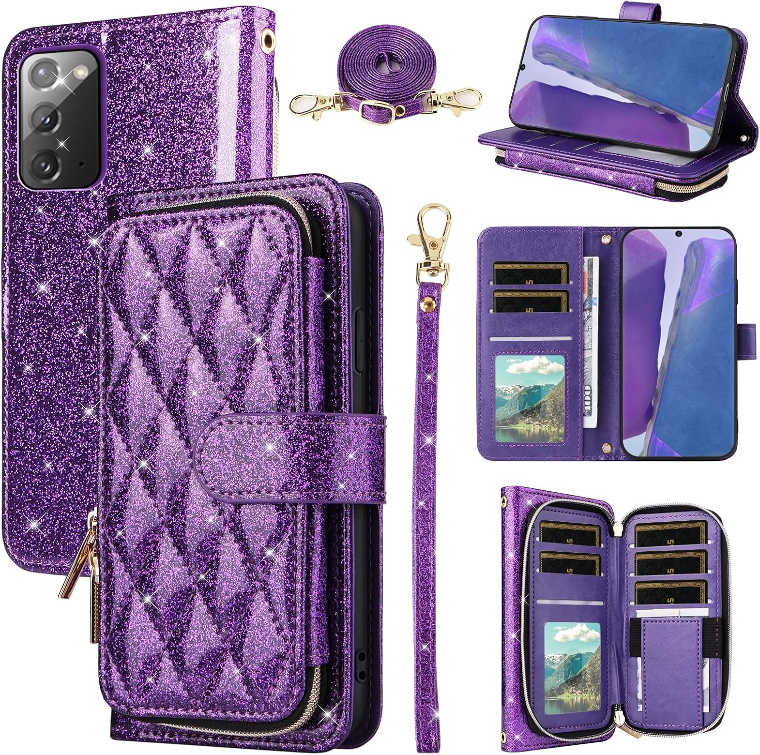 Wallet Case for Samsung Galaxy Note 20 5G with Wrist Strap,Shoulder Strap,9+ Card Slots Zipper Purse,Luxury PU Leather Stand Cell Phone Cover for Note20 Notes 20s Twenty Not S20 Girls Purple
