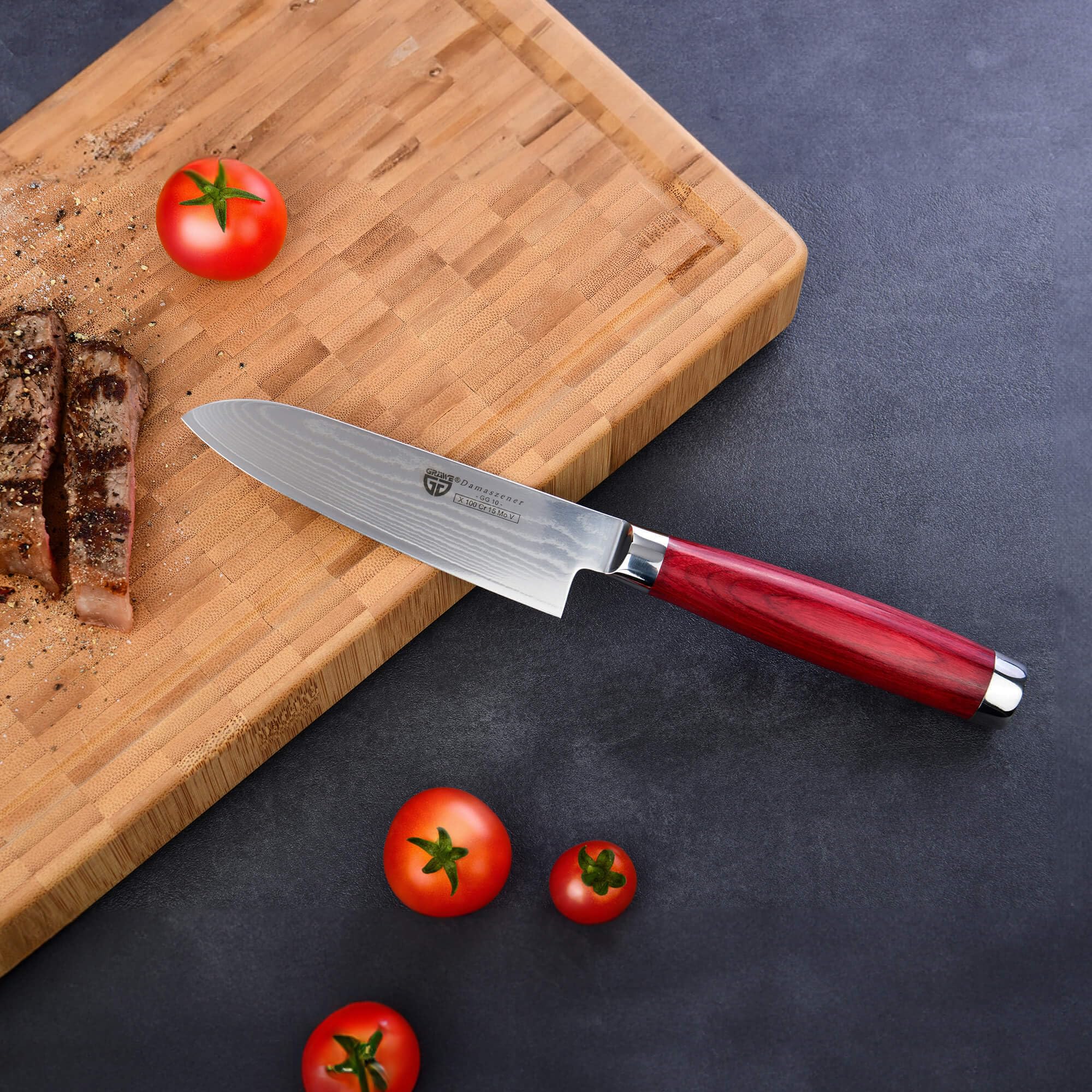 GRÄWE Juego de 4 cuchillos de Damasco Pakkawood, cuchillos de cocina profesionales: cuchillo multiusos Santoku, cuchillo de chef y fileteador, cuchillas afiladas, acero damasco de 66 capas, mango