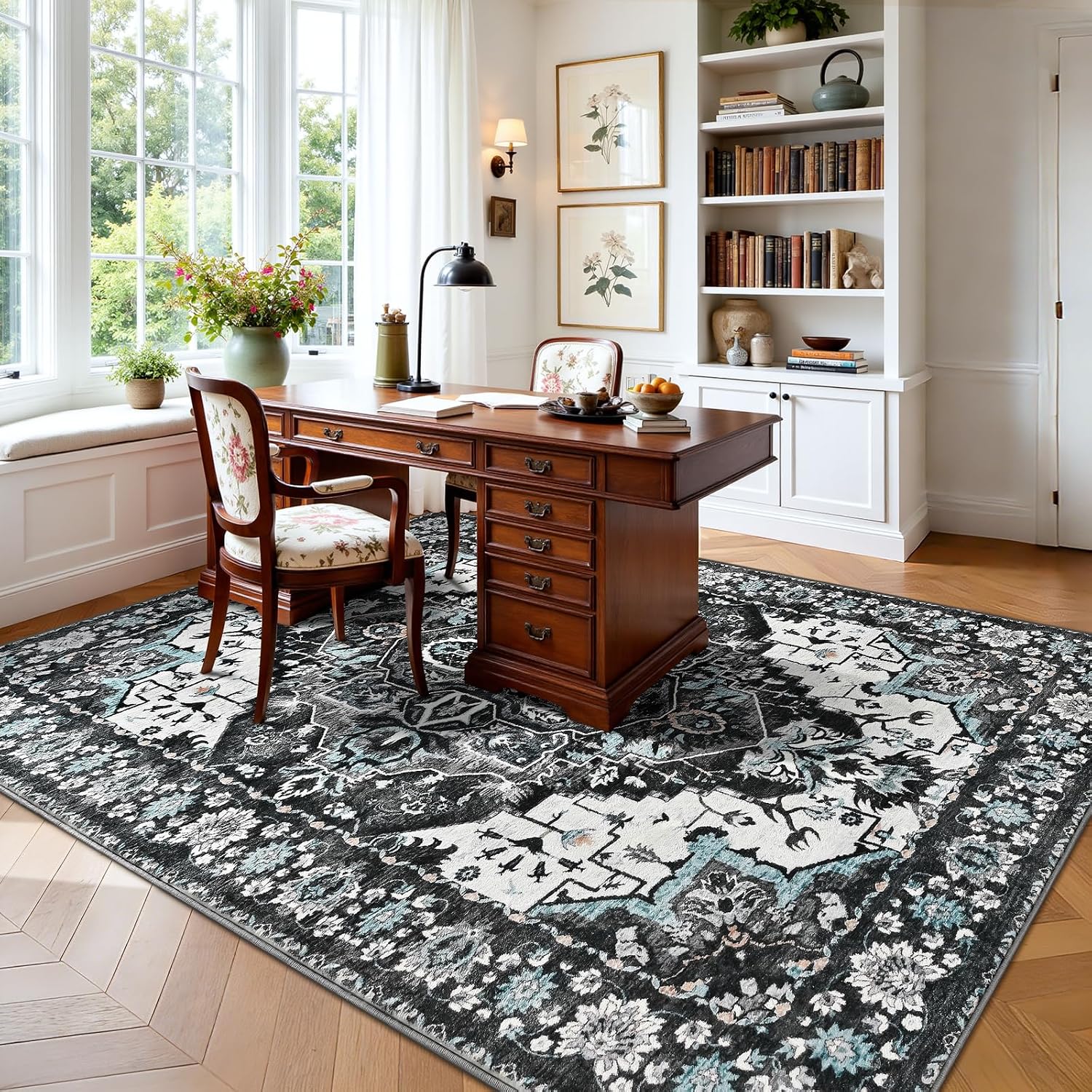 Keeko 4'x6' Vintage Floral Area Rug for Living Room, Soft Washable Low-Pile Carpet with Non-Slip Backing, Non-Shedding Oriental Distressed Farmhouse Rug for Bedroom, Dining Room, Nursery & Home Office