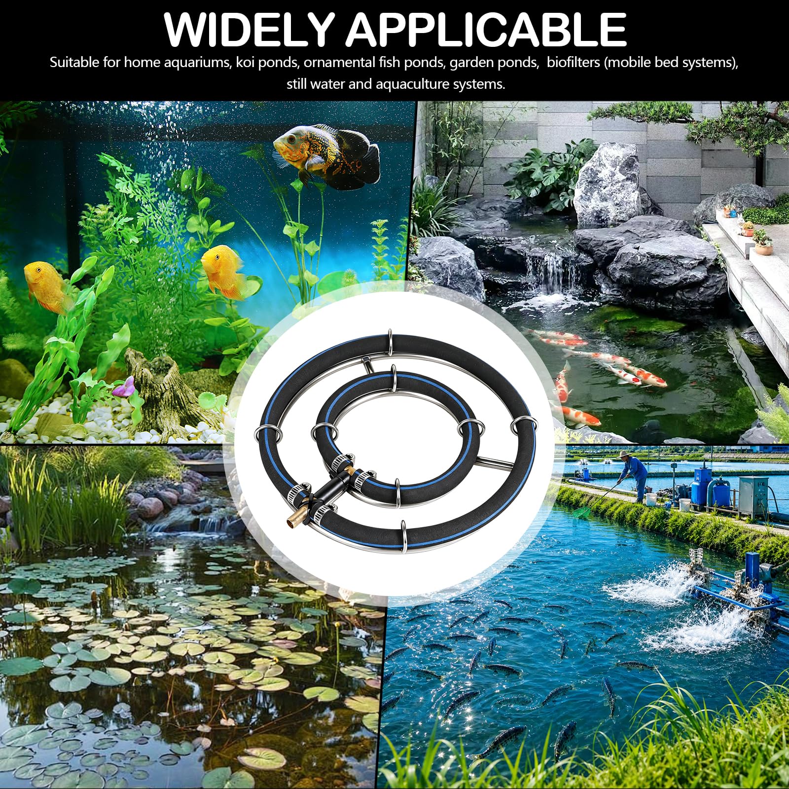 Belüfter Teich, 25cm Belüfterring für Teich Aquarium Edelstahl Doppelrahmen Teichbelüfter Fischteich Sauerstoff Diffuser mit 5M Luftschlauch Rohrdurchmesser 8mm Verwendung in Filtersystemen