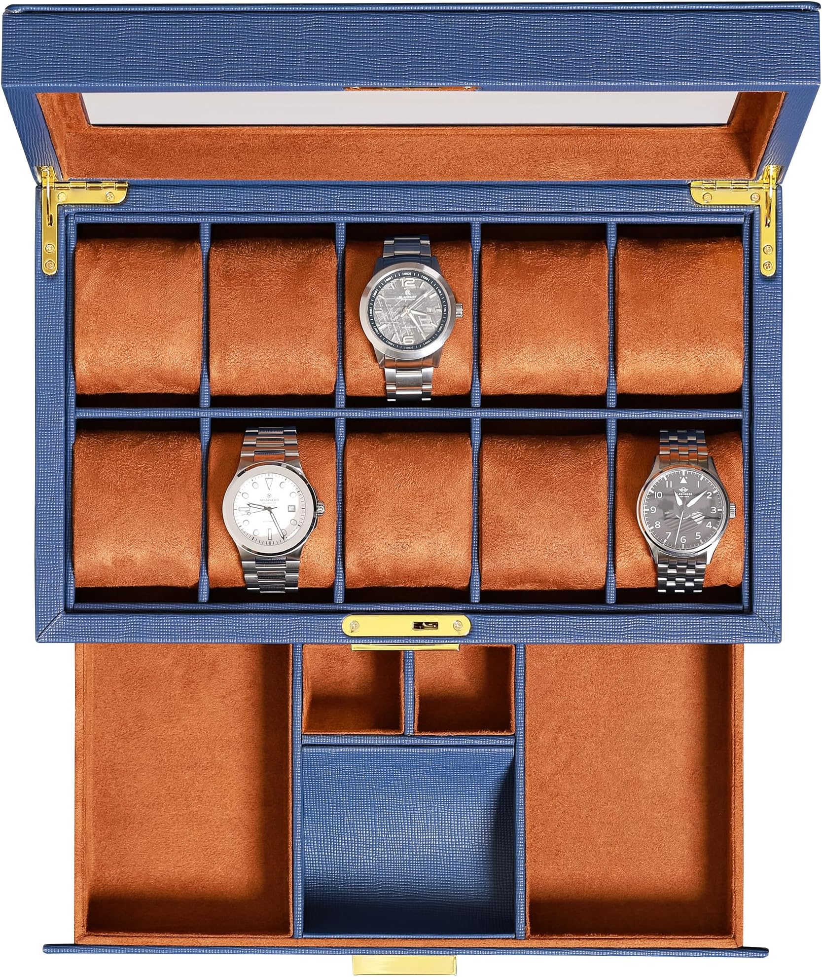 ROTHWELL 10-Slot Watch Box in Leather with Valet Drawer, Luxury Watch Case Display Organizer with Ultra Soft Microsuede Liner, Jewelry and Sunglass Holder With Large Glass top (Blue/Tan)
