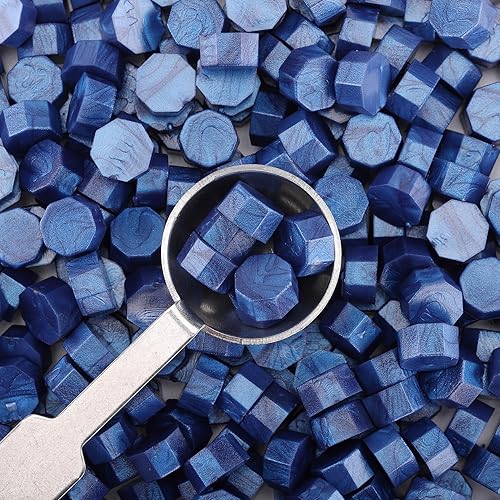 Miniatura 3 de Yoption 300 cuentas de cera de sellado azul brillante, cuentas de sello octágono vintage con 4 velas y 2 cucharas de fusión para sello de cera (azul