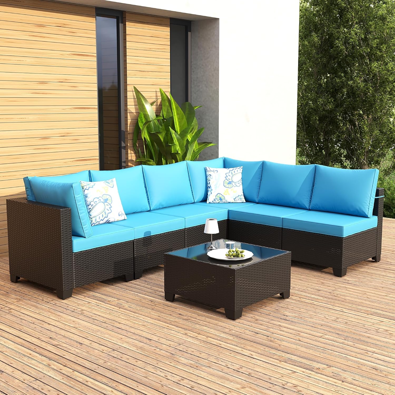 7 Pieces Patio Furniture Set, Outdoor Sectional Rattan Sofa Set, Wicker Patio Conversation Set with Cushions and Glass Coffee Table, for Balcony, Porch, Garden, Coffee and Peacock Blue