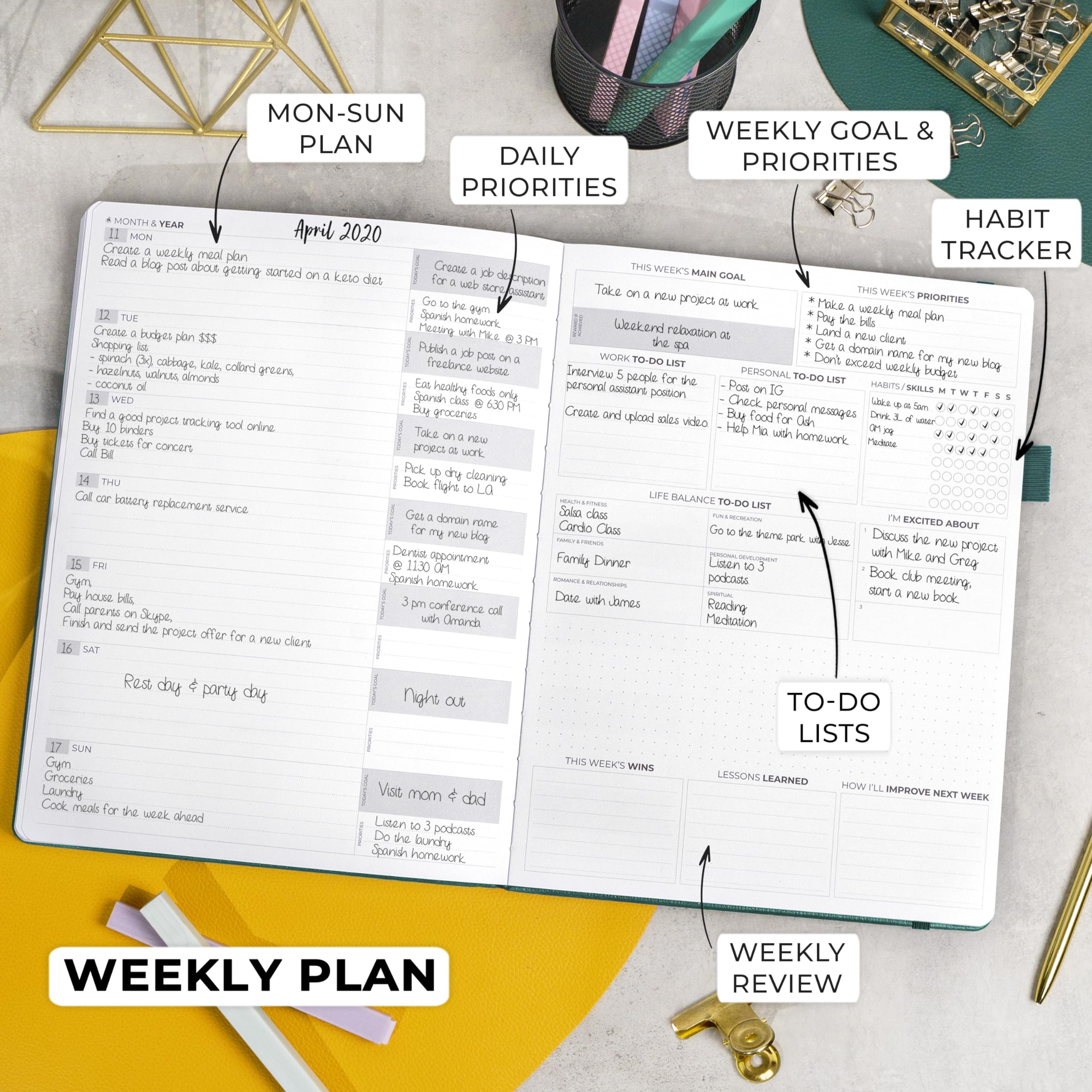 Clever Fox Planner Pro Premium - Lujoso planificador semanal y mensual con organizador de presupuesto para productividad y objetivos, sin fecha, A4 (verde azulado)
