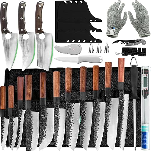 Miniatura 1 de FULLHI Juego de 18 cuchillos de chef japonés Gyuto con bolsa para cuchillos y 3 cuchillos de carnicero con funda