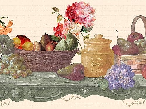 Dundee Deco DDAZBD9109 - Papel tapiz para despegar y pegar, color verde natural, naranja, rojo, cesta de frutas, diseño retro, 15 pies x 7 pulgadas,