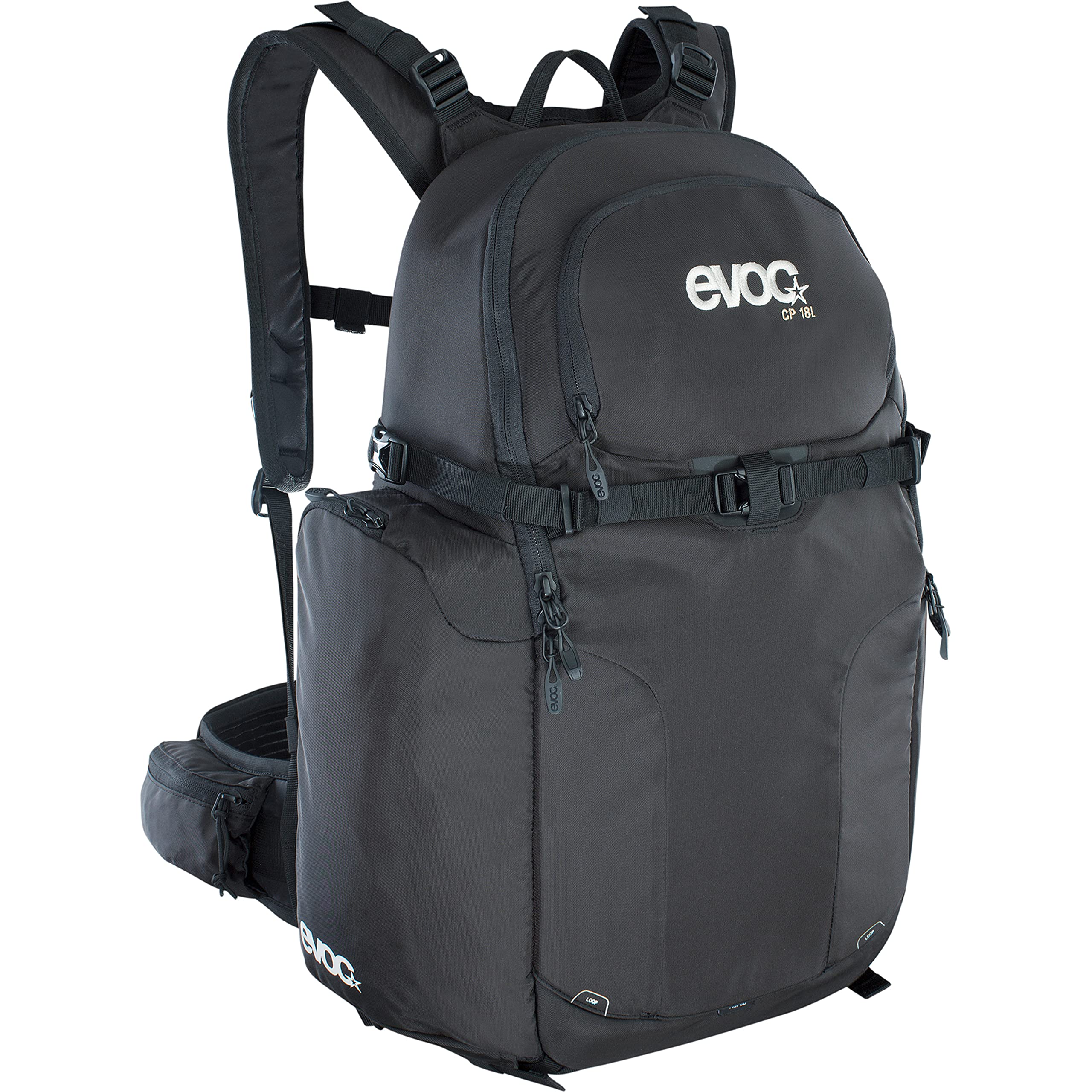 EVOC CP 18l Outdoor Camera Backpack per attrezzatura fotografica professionale (sistema di trasporto ergonomico, sistema di cinghie per piccozze, sci, snowboard o treppiede), Nero