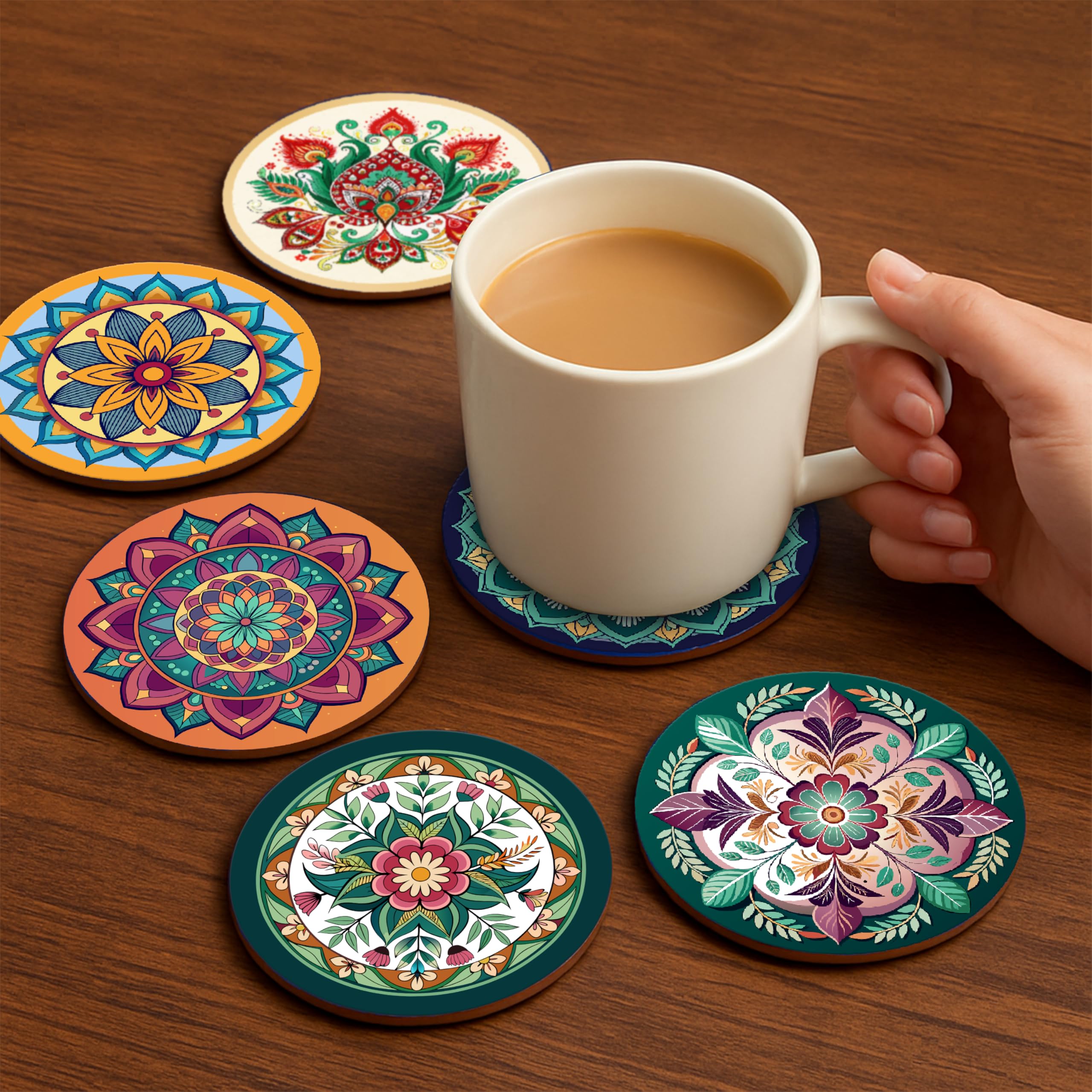 Goelite Wooden Coaster Set with Stand, Multi Color, 6 Piece Designer Collection for Tea Cups, Coffee Mugs, Glasses