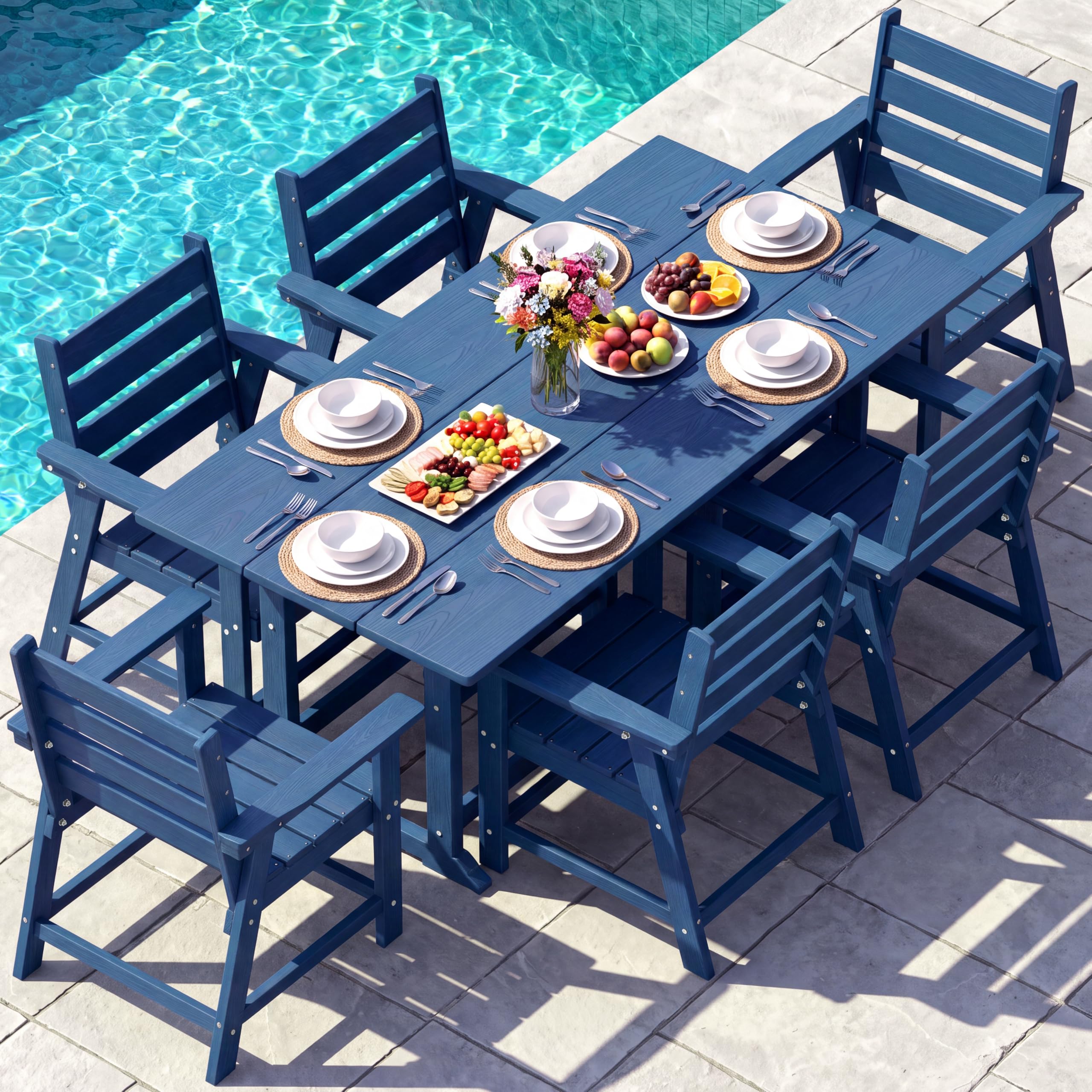 HDPE Outdoor Dining Set, Patio Dining Set of 7, Navy