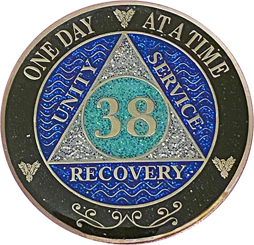 Miniatura 17 de (años 1-50) Medallón de purpurina plateado de recuperación AA de 47 años, arcoíris negro, azul, moneda de purpurina plateada, cubierta de epoxi