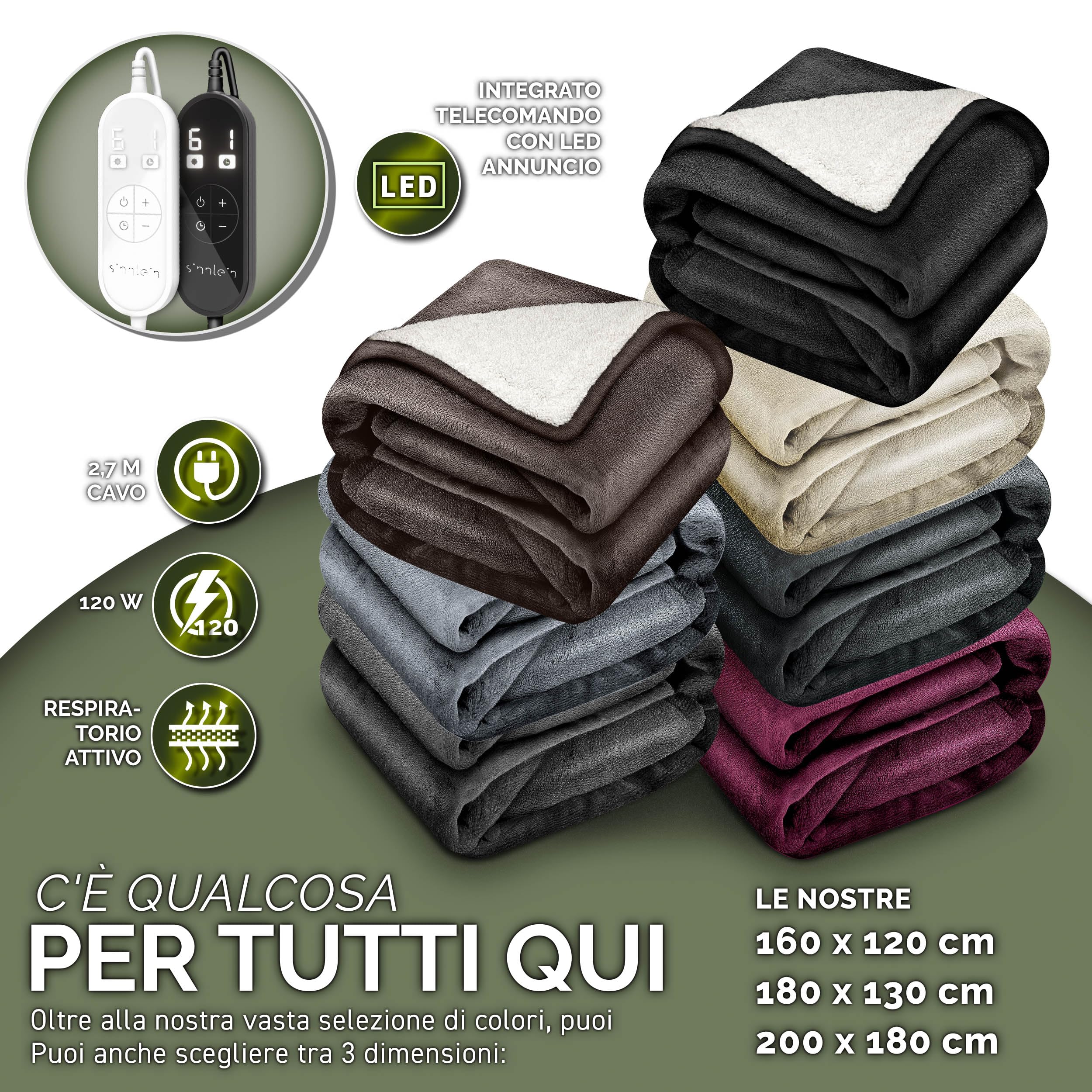 sinnlein® Coperta Elettrica 180x130cm con spegnimento automatico | 9 Livelli di Riscaldamento, Timer, Riscaldamento Rapido, Per Divano, Letto