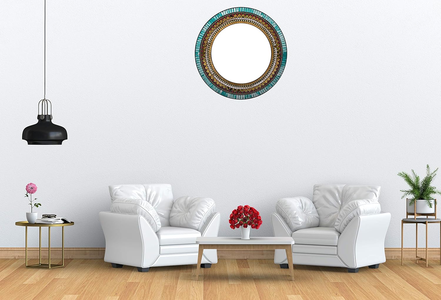 Mosaic Wall Art Decor Mirror - Handcrafted Decorative Round Mirror with Yellow, Gold, Blue, and Tan Mosaic, 24-Inch Frame, 15-Inch Round for Hallway, Bedroom, Bathroom, Living Room