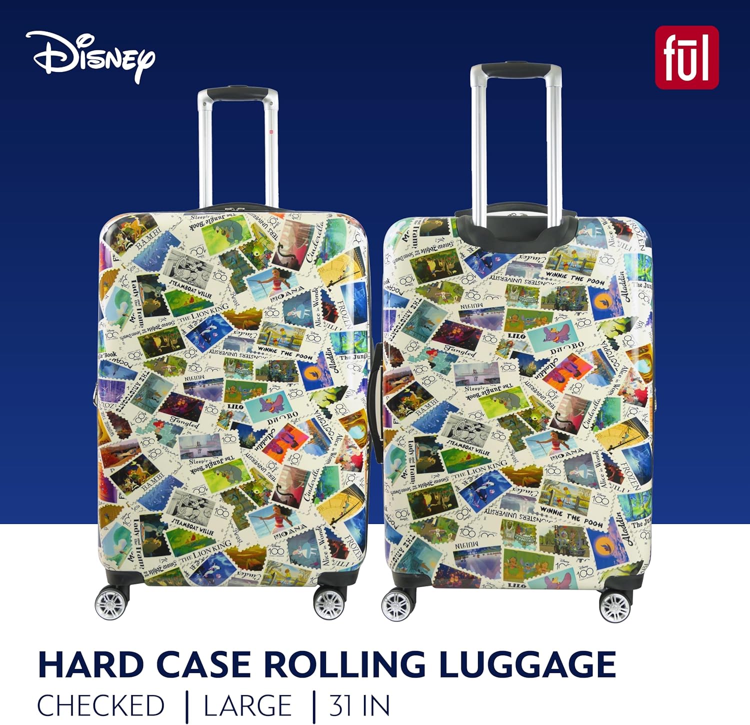 FUL Disney Stamps 30 Inch Rolling Luggage, Hardshell Checked Suitcase with Spinner Wheels, Multi